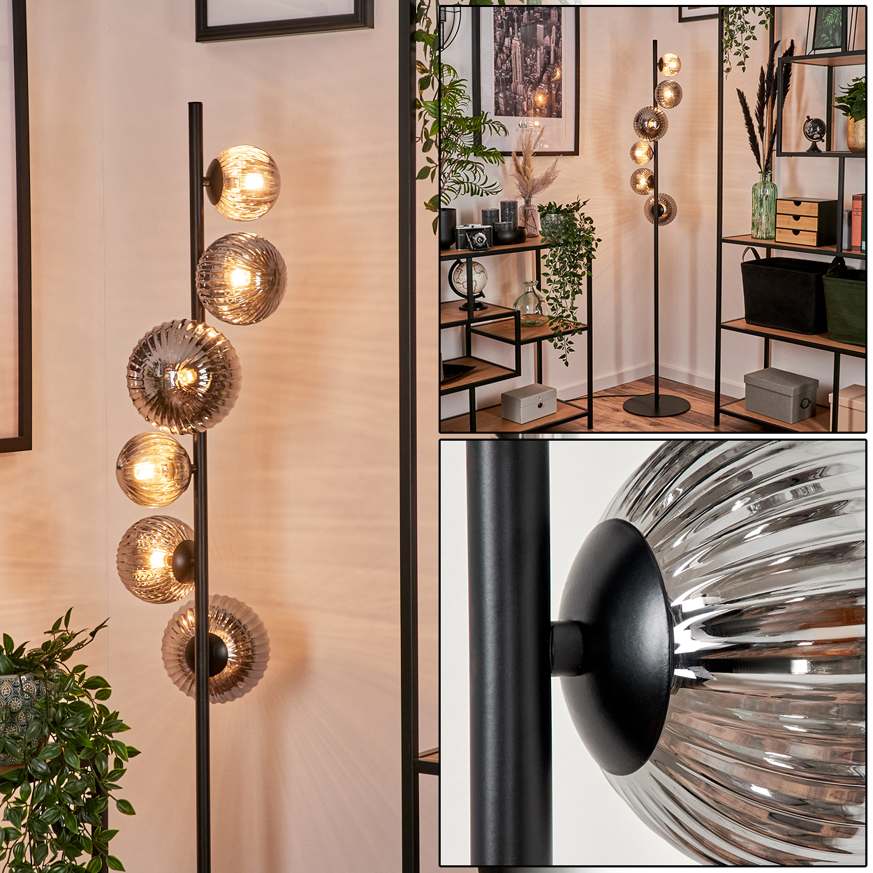 Eine schwarze Stehlampe mit mehreren Kugelleuchten mit strukturierten Oberflächen, in einem Raum mit Pflanzen.