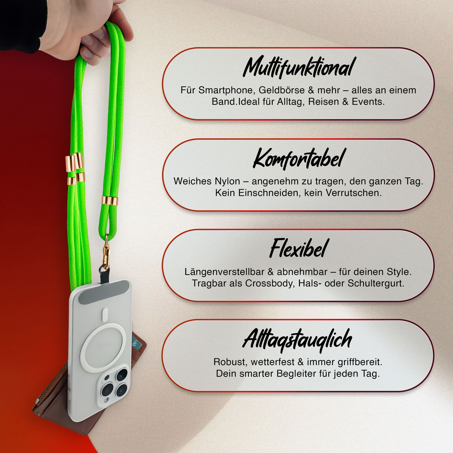 Grünes Umhängeband mit Telefon. Text beschreibt das Band als multifunktional, komfortabel, flexibel und haltbar.
