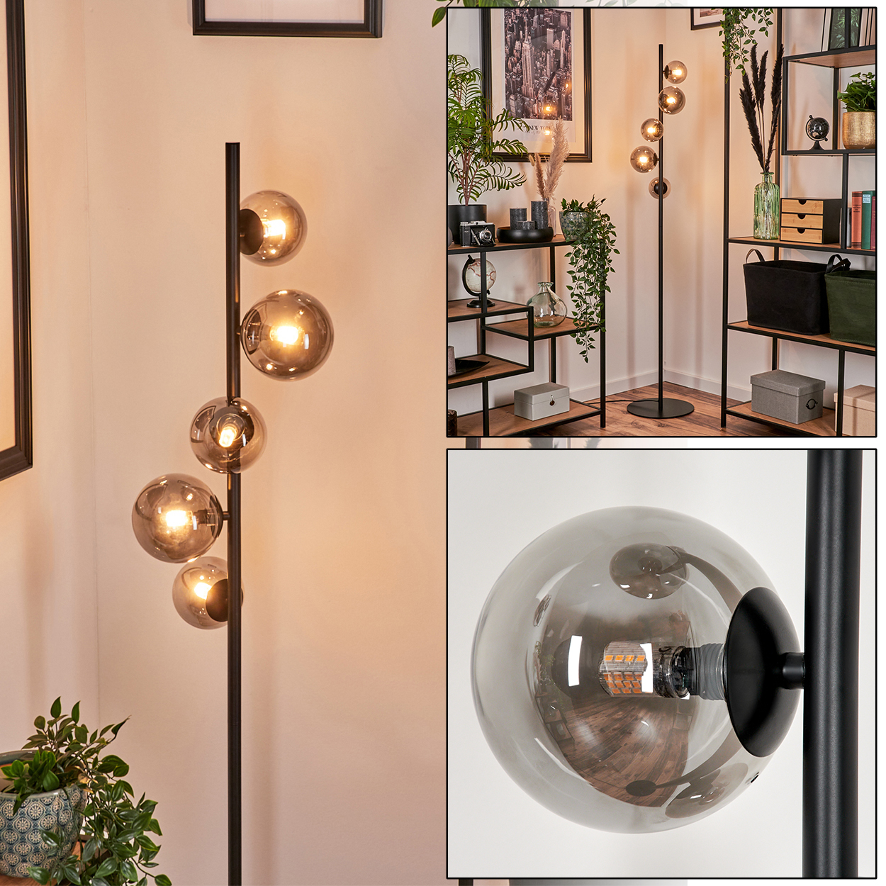 Eine Raumecke mit einer Stehlampe mit fünf grauen Kugeln, Regalen und Pflanzen. Ein New York-Bild an der Wand.
