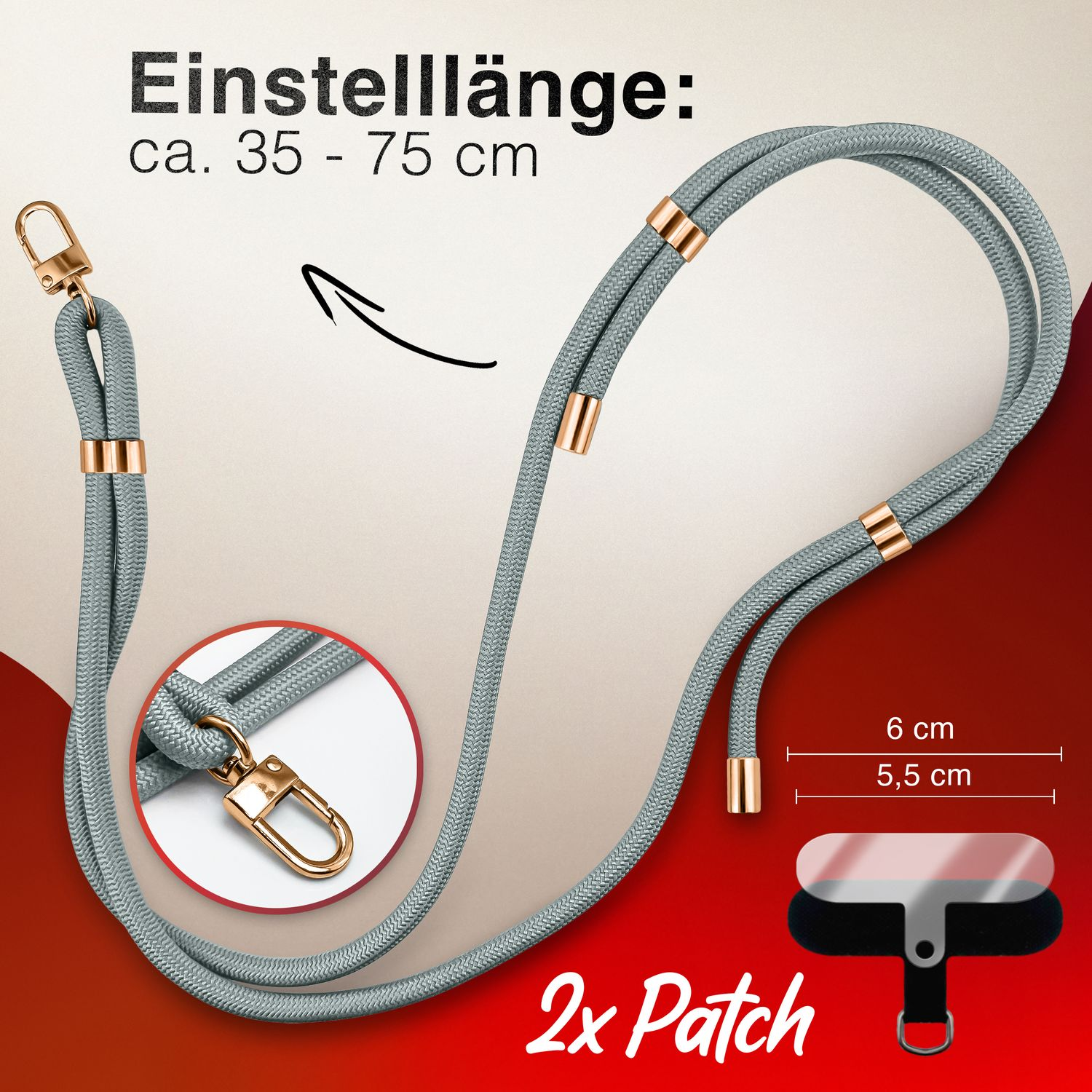 Graues Telefon-Lanyard mit goldenen Akzenten und ein schwarzer und roter Telefonaufsatz.