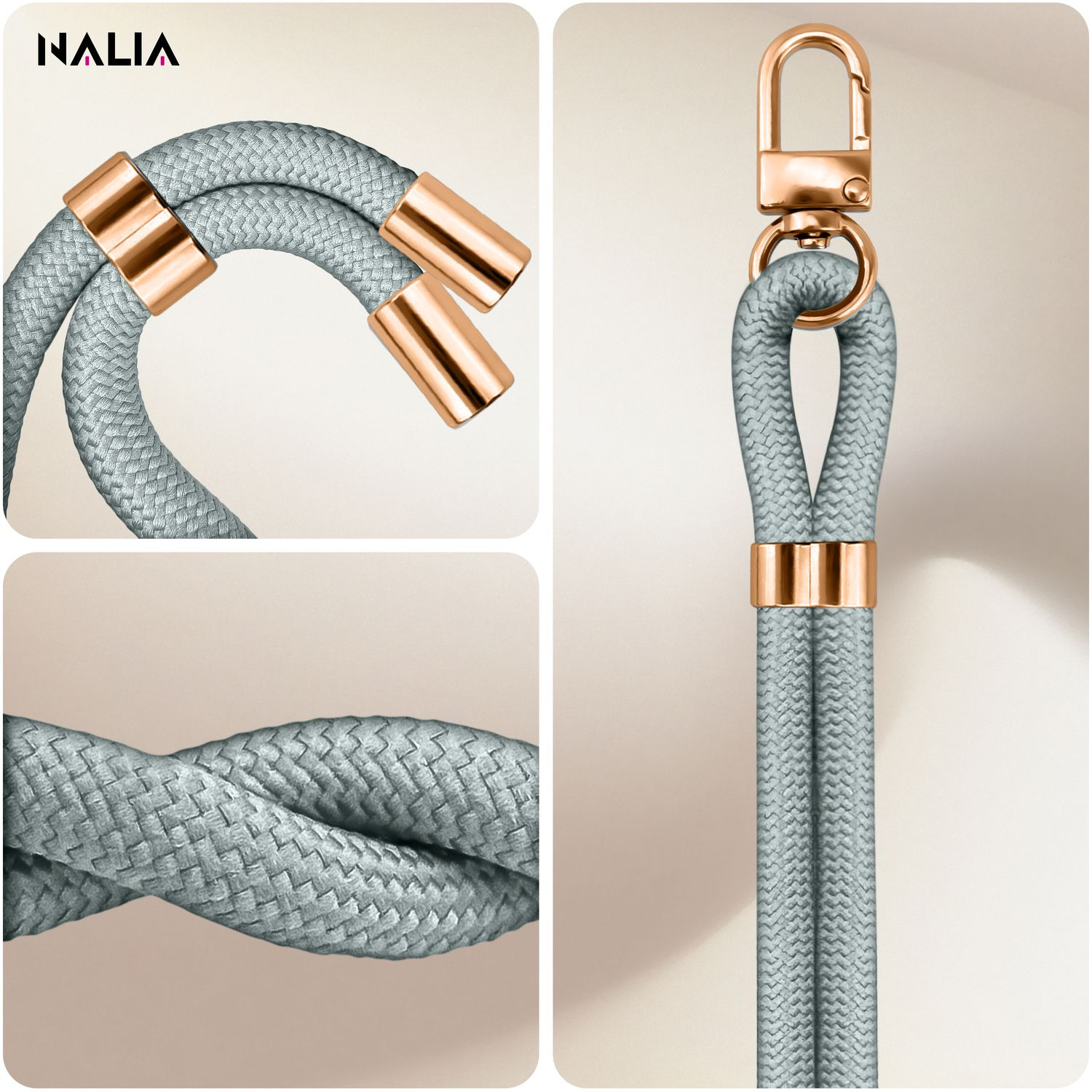 Nahaufnahmen eines grauen Telefon-Lanyards mit goldenen Akzenten und Details der Seilstruktur.
