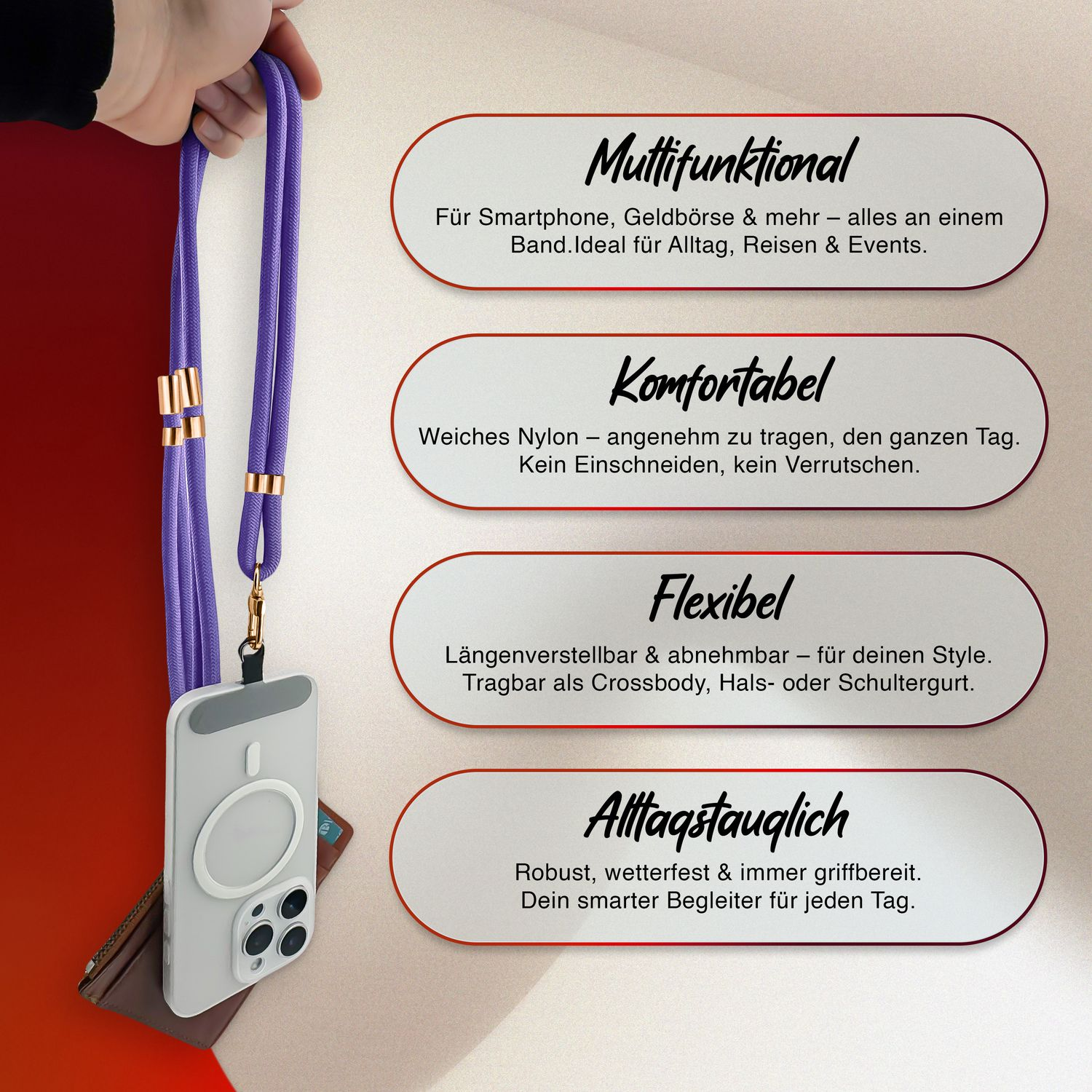 Nahaufnahme eines Schlüsselbandes mit einem Telefon. Deutscher Text: Multifunktional, komfortabel, flexibel und alltagstauglich.