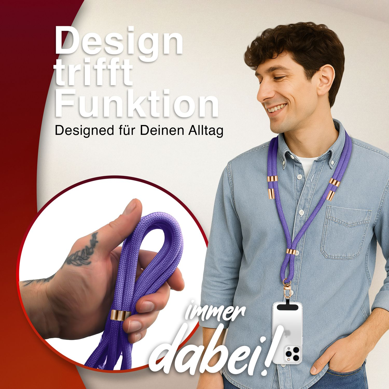 Ein Mann trägt ein Schlüsselband mit einem Telefon. Text auf Deutsch: Design trifft Funktion. Für Ihren Alltag.