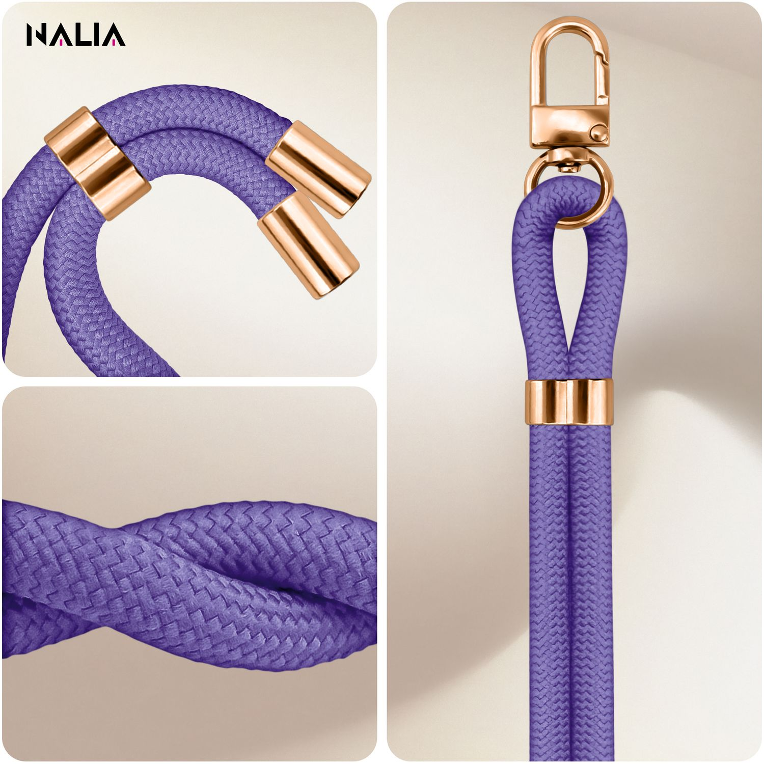 Nahaufnahmen eines lila Telefonbands mit goldenen Akzenten, die seine Textur und Details zeigen.