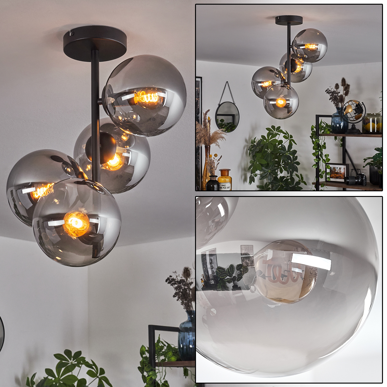 Mehrere Bilder zeigen Kugelhängeleuchten in einem Esszimmer. Einige Abmessungen sind enthalten.
