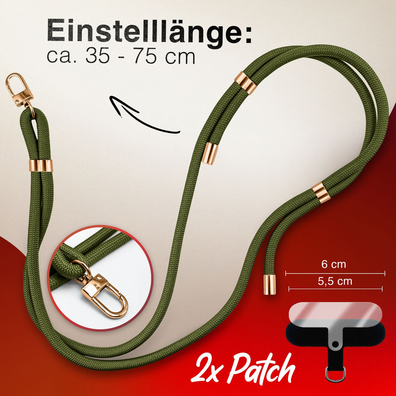 Olivenfarbenes Handy-Lanyard mit goldfarbenen Verschlüssen und Akzenten, sowie Maßen und einem Patch.