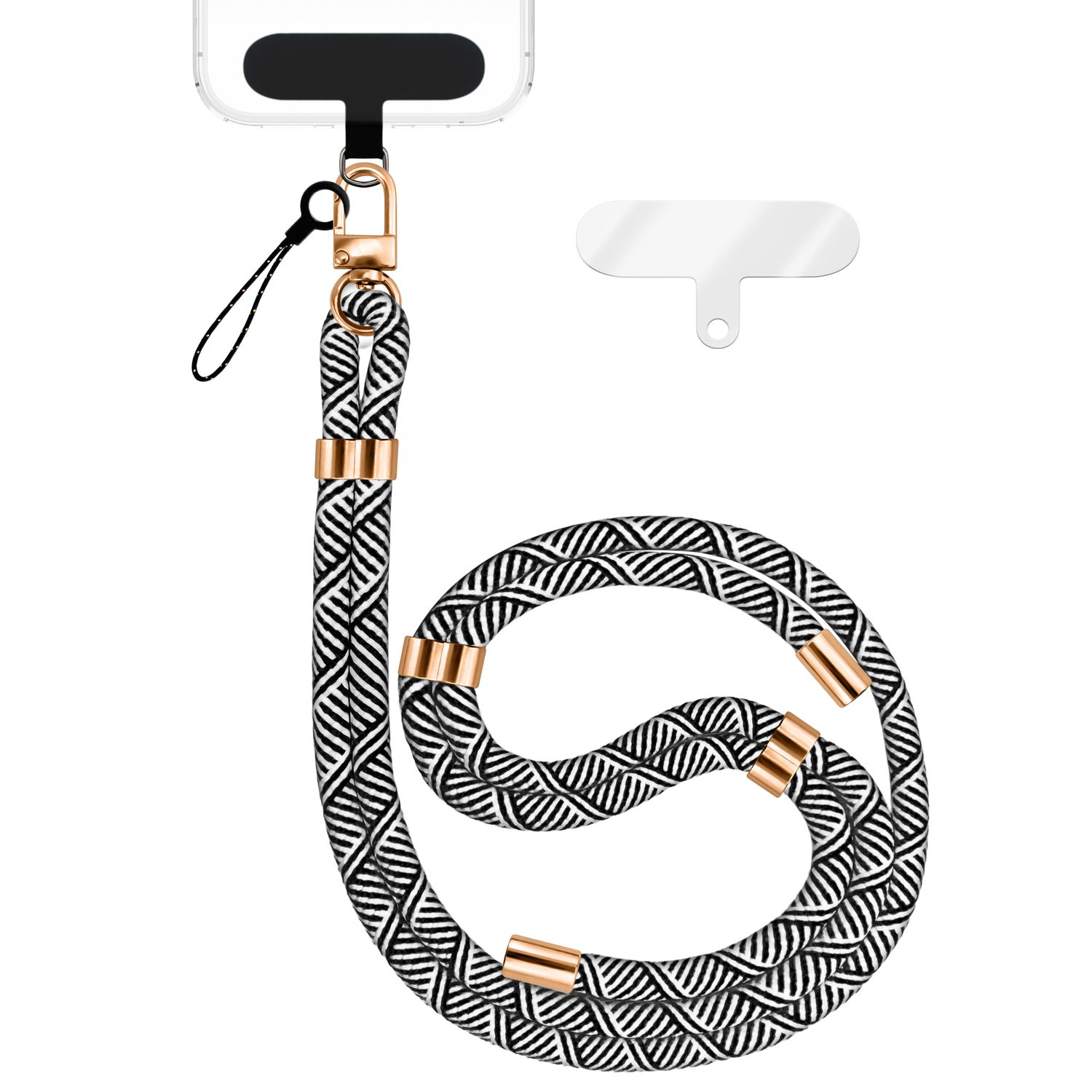 Ein Telefon-Lanyard mit einem schwarz-weiß gemusterten Kordel, goldenen Akzenten und einem durchsichtigen Handyhalter.