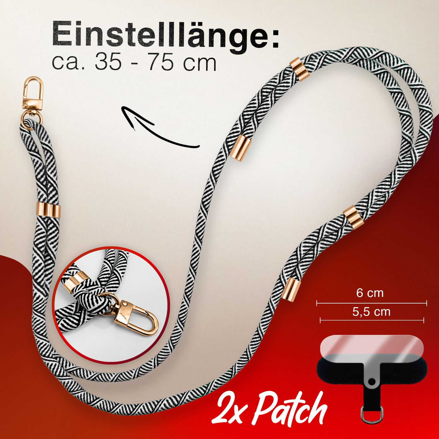 Ein Telefon-Lanyard mit schwarz-weiß gemustertem Kordel, goldenen Akzenten und einem transparenten Handyhalter.