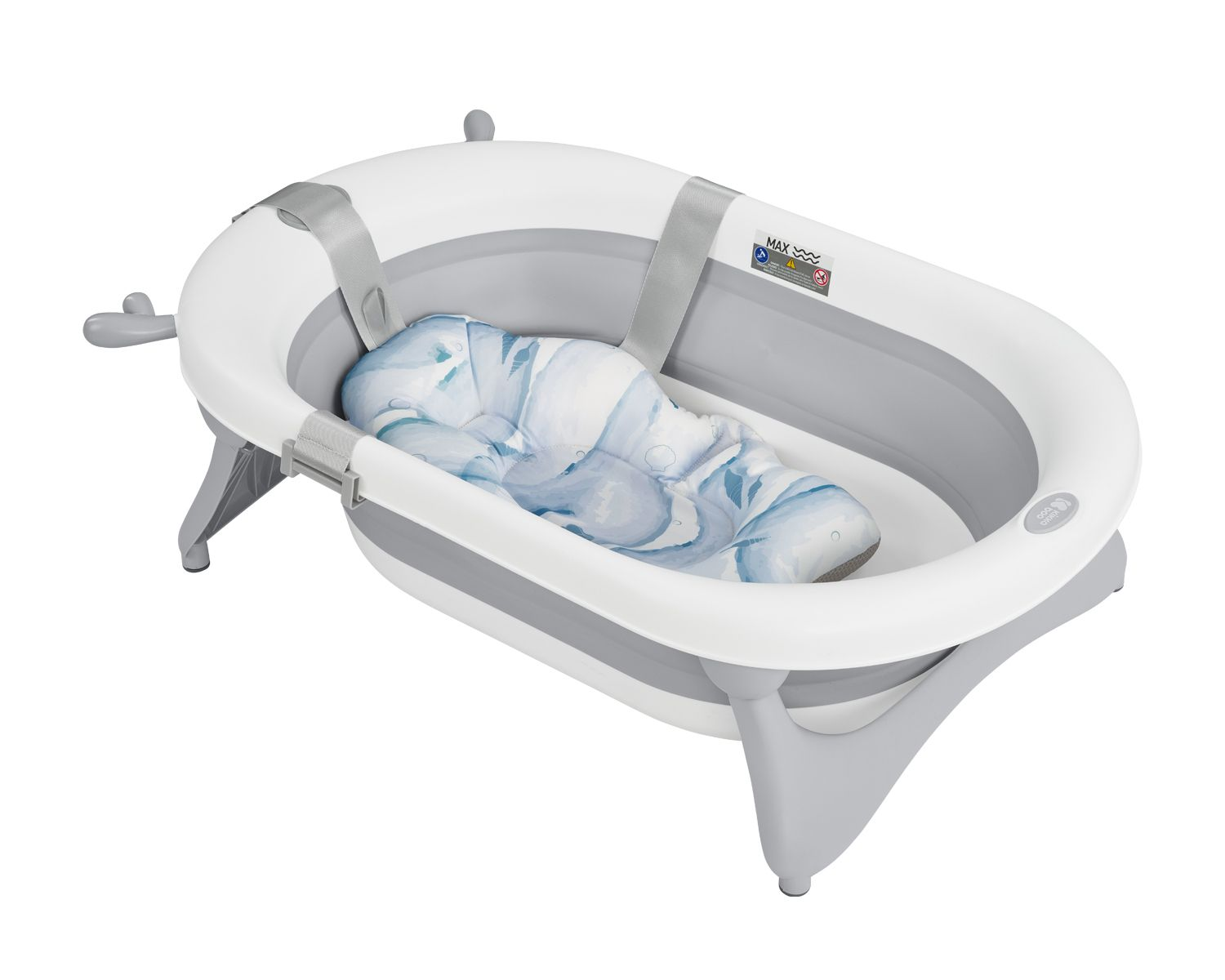 Eine weiß-graue Babybadewanne mit blau gemustertem Sitz. Die Wanne ist faltbar.