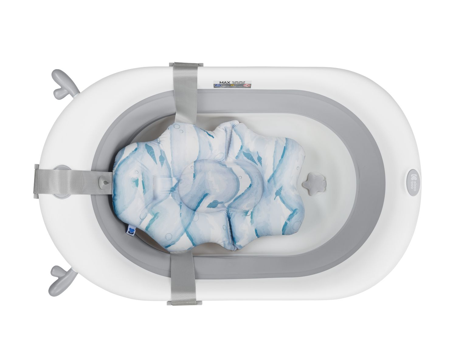 Draufsicht auf eine weiß-graue Babybadewanne mit blau gemustertem, gepolstertem Einsatz.