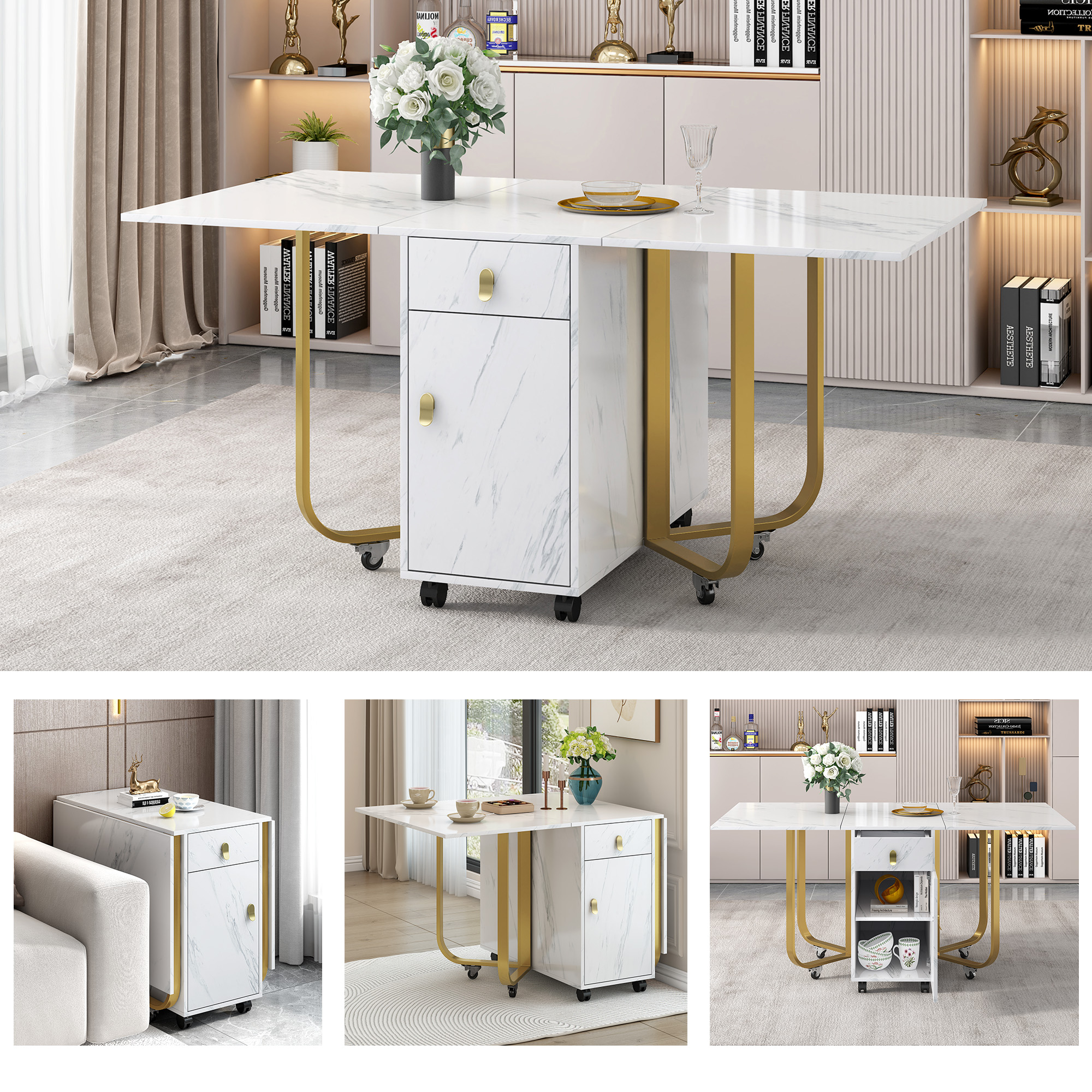Ein weißer Tisch mit Marmorplatte und weißem Schrank. Der Tisch lässt sich ausklappen. Details, einschließlich Räder, sind sichtbar.