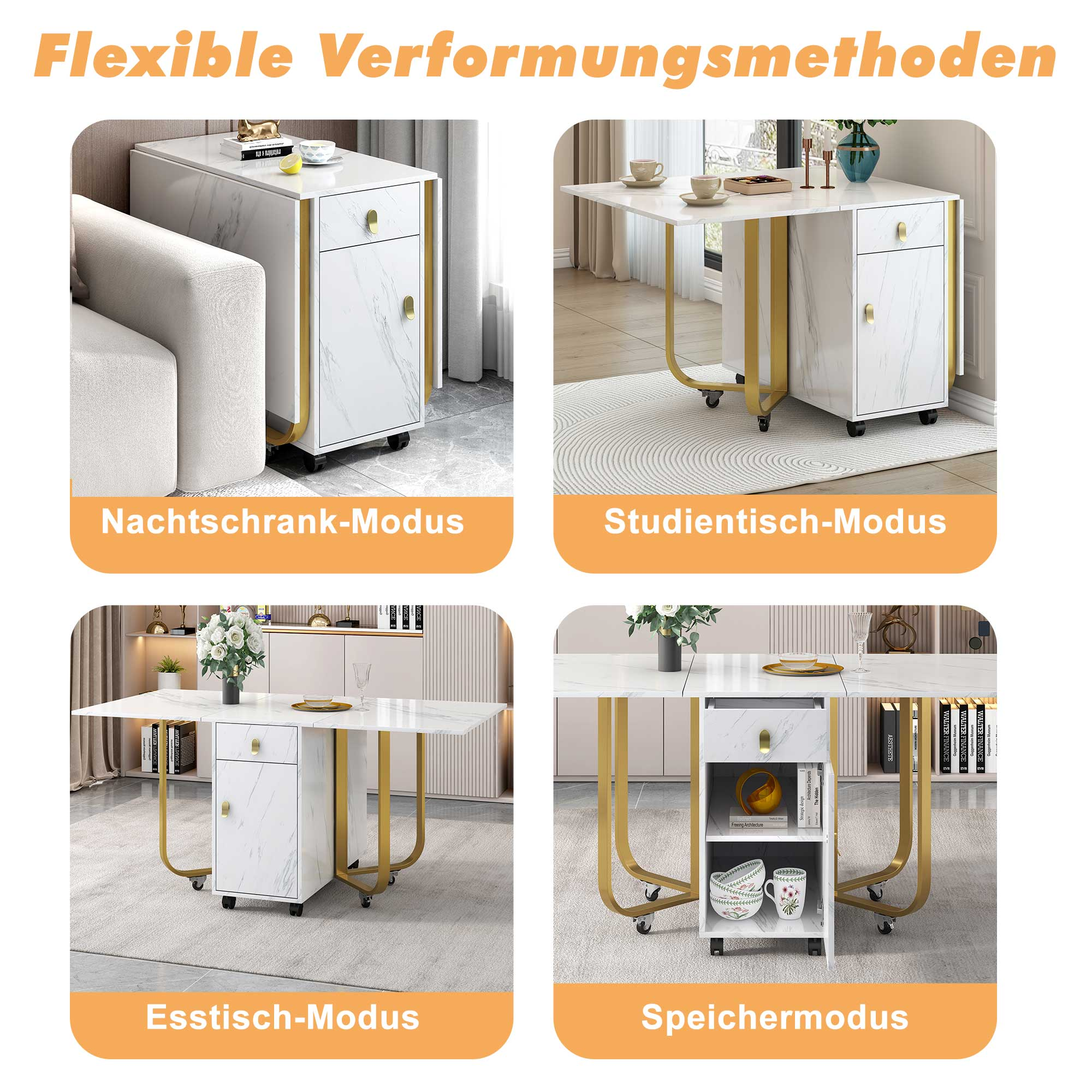 Vier Bilder, die einen weißen Marmortisch mit goldenen Beinen in verschiedenen Konfigurationen zeigen.