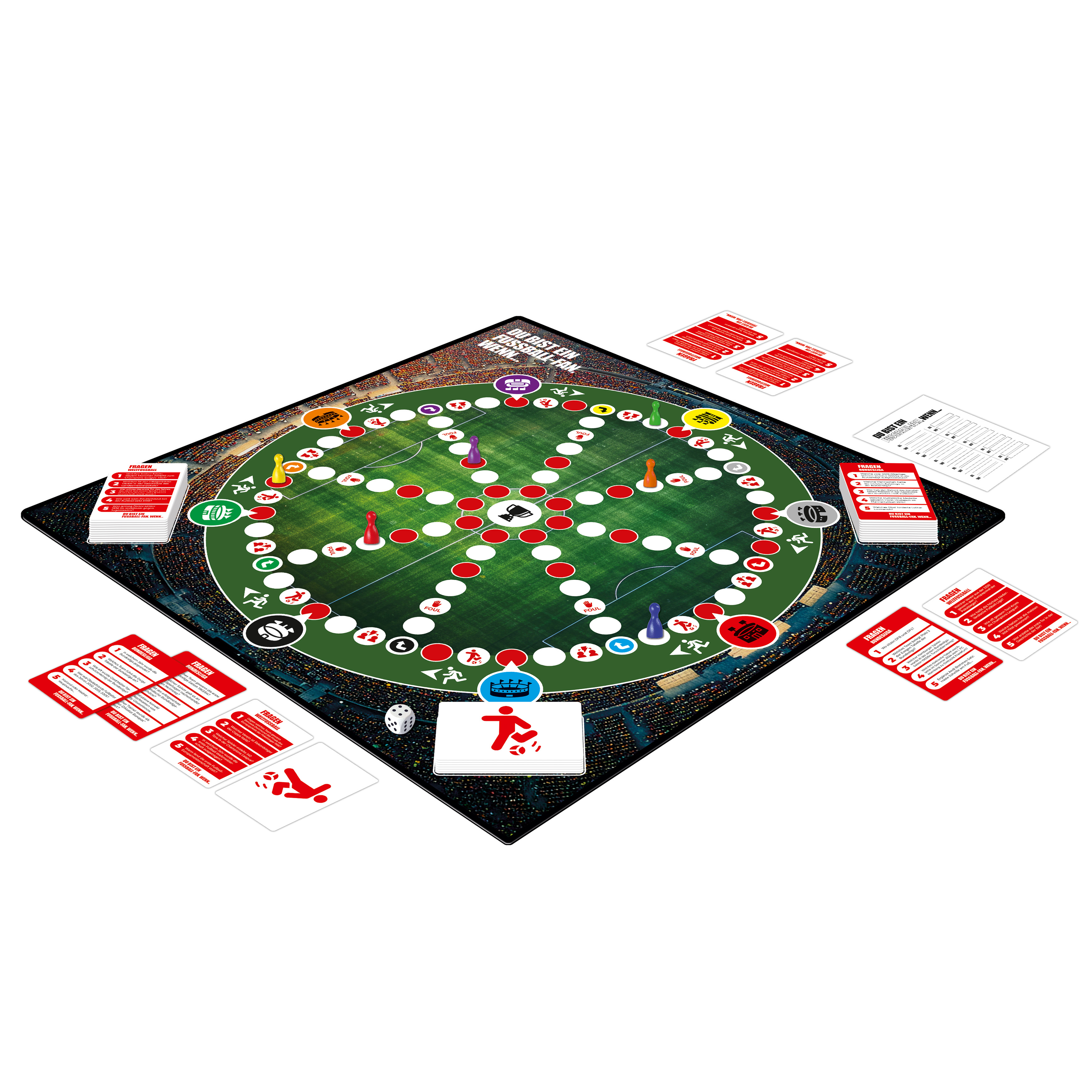Ein Brettspiel, aufgebaut mit Karten, Spielfiguren und einer Spielfeldillustration.