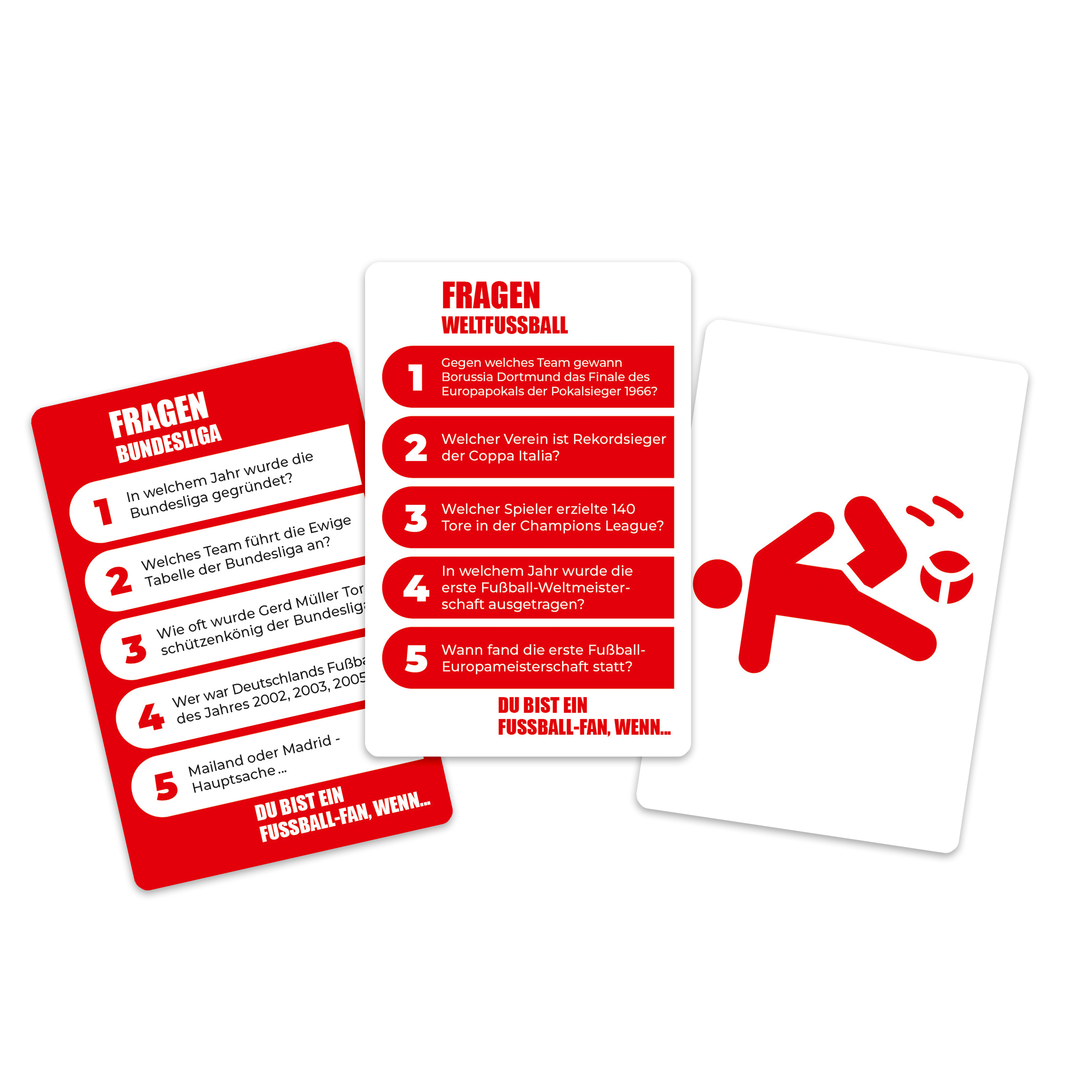 Karten mit Fragen zum Fußball, mit einer Spielfeldillustration und rotem Hintergrund.