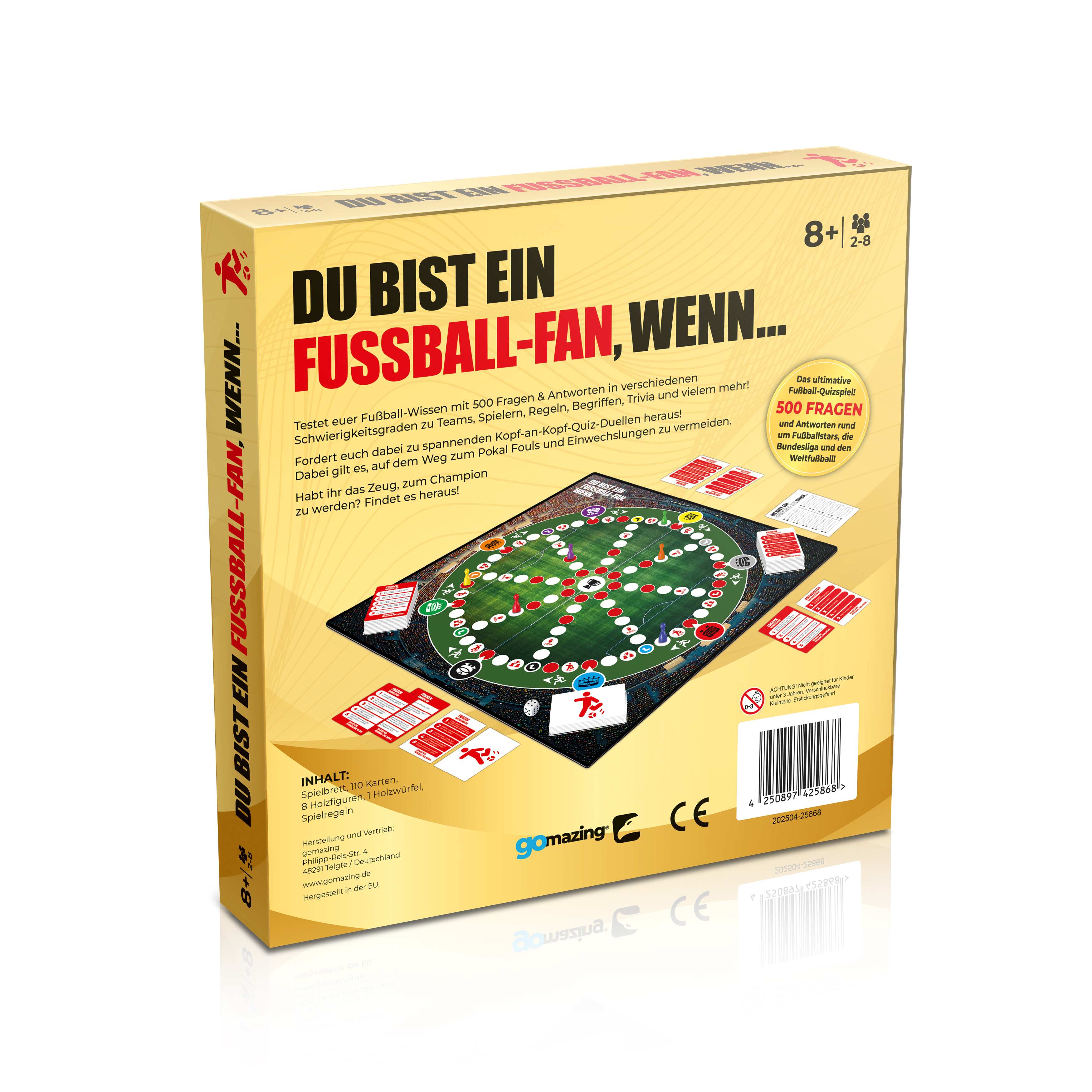 Eine Brettspielbox mit Text und Bildern. Das Spiel ist für Fußballfans.