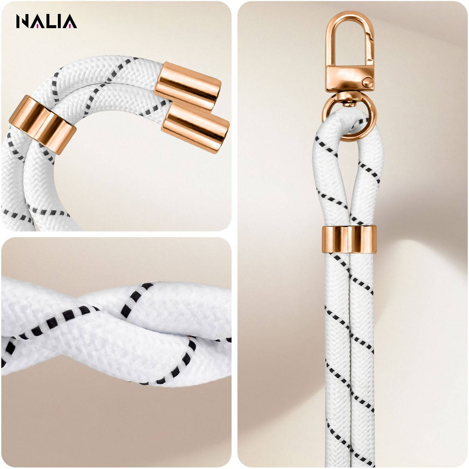Nahaufnahme eines weiß-schwarzen Seils mit goldenen Akzenten. Das Seil wird für eine Handykette verwendet.