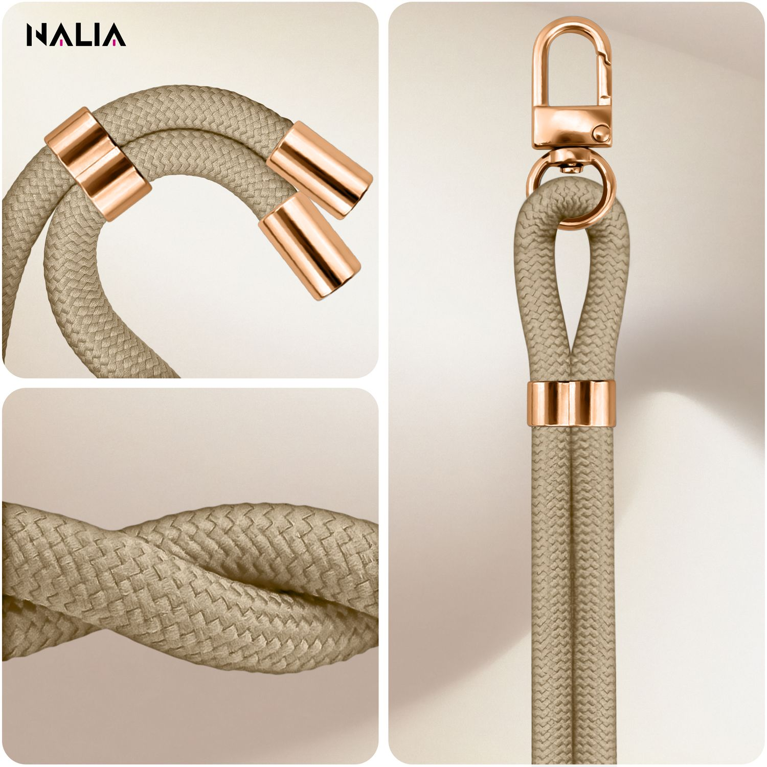 Nahaufnahme eines beigefarbenen Handyriemens mit goldenen Details. Inklusive Nahaufnahmen.