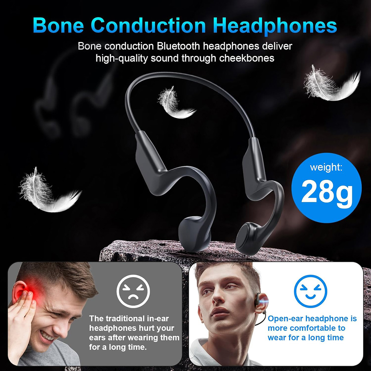 Auriculares de conducción ósea. Diagrama muestra cómo los auriculares tradicionales dañan los oídos. También muestra auriculares de oído abierto.
