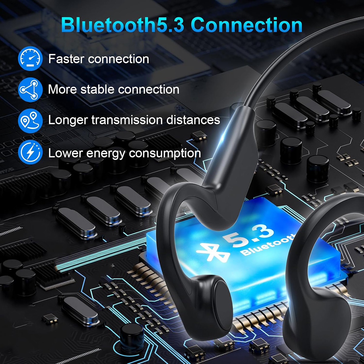 Auriculares de conducción ósea y una placa de circuito con detalles de conexión Bluetooth 5.3.
