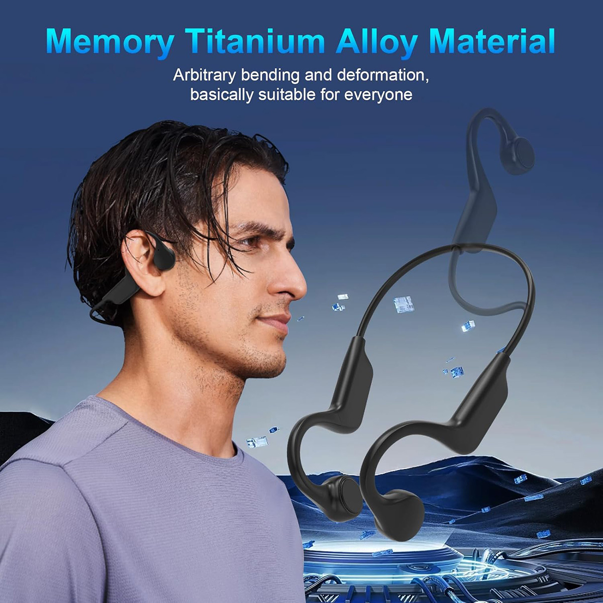 Un hombre con auriculares de conducción ósea negros. El texto indica material de aleación de titanio de memoria.