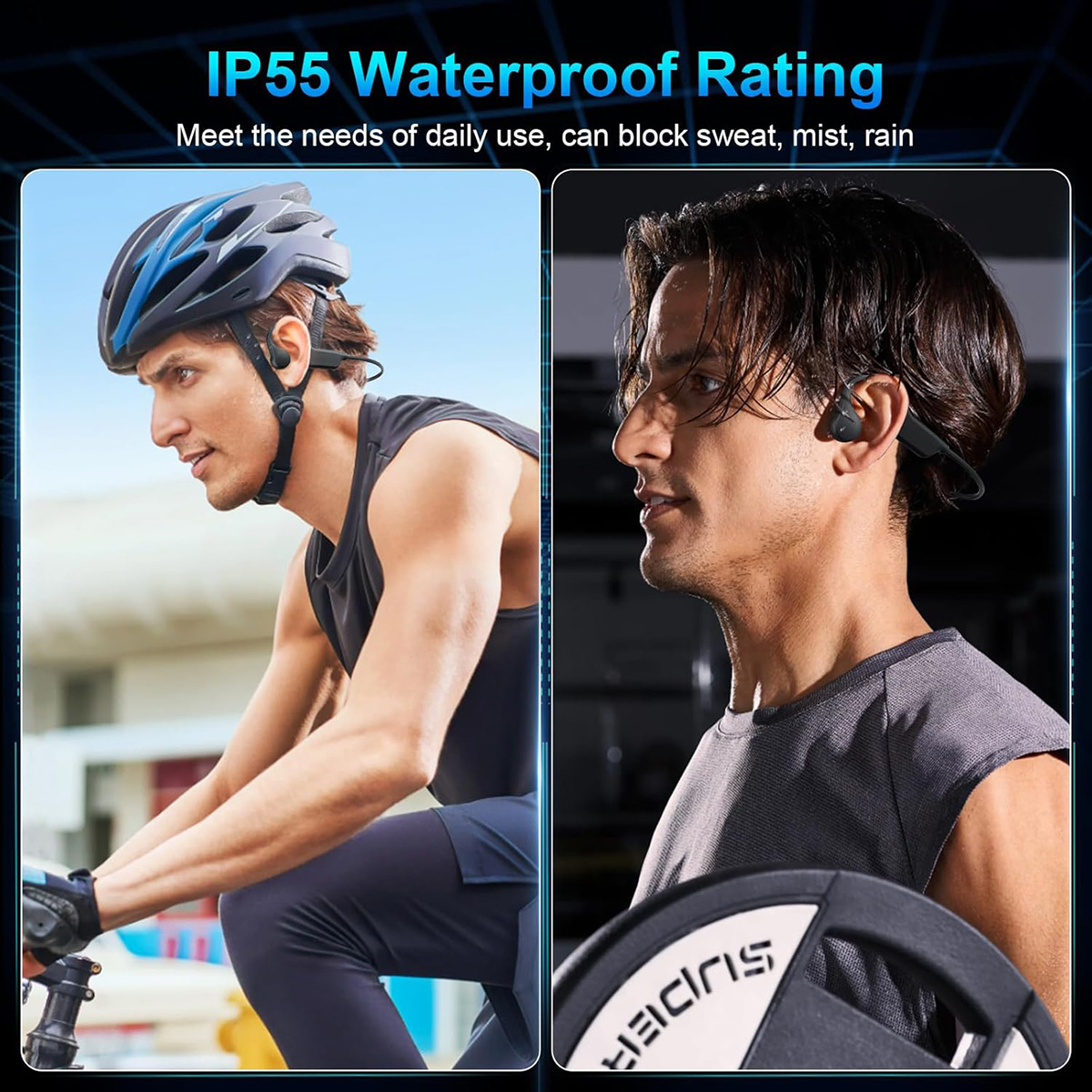 Dos personas usando auriculares de conducción ósea negros. La imagen indica que son impermeables IP55.