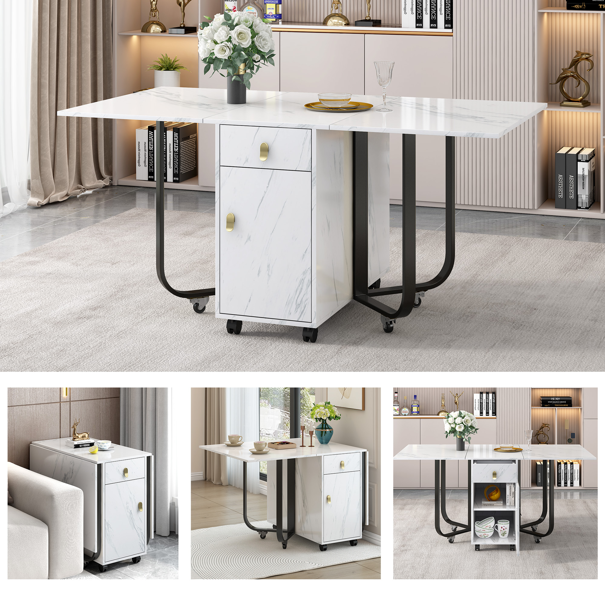 Weißer Marmortisch mit Schubladen, einer Blumenvase und weißem Hintergrund. Der Tisch hat Räder.