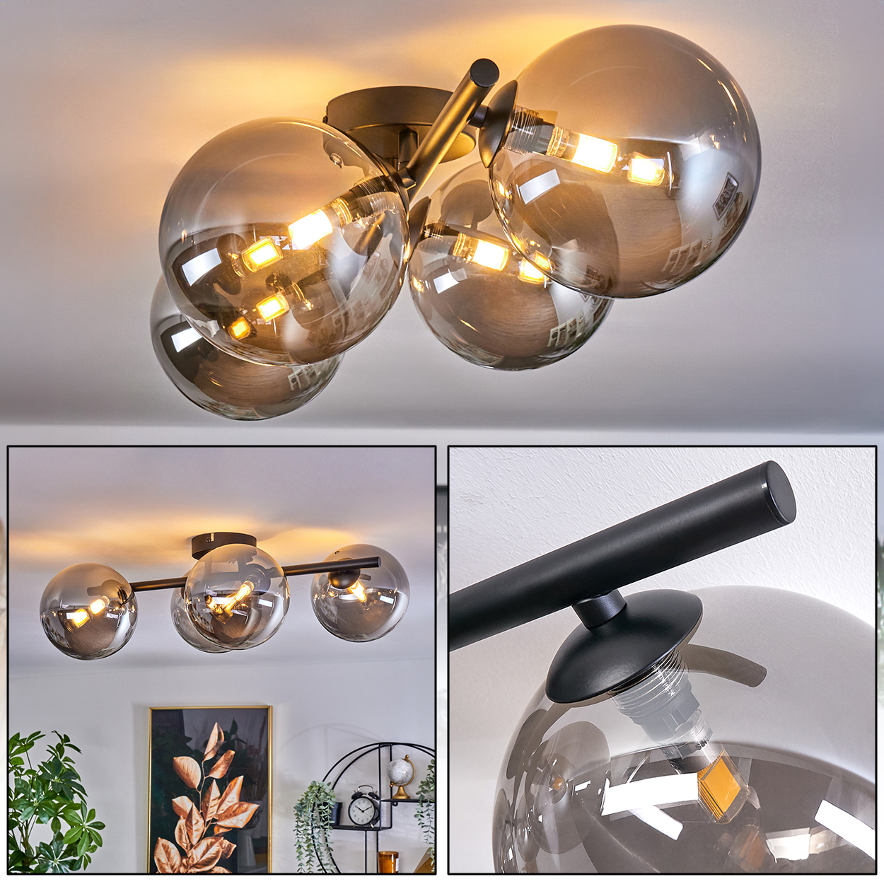 Eine Deckenlampe mit vier silbernen Kugeln. Schwarze Stäbe verbinden die Kugeln mit der Decke. Zwei zusätzliche Ansichten werden gezeigt.