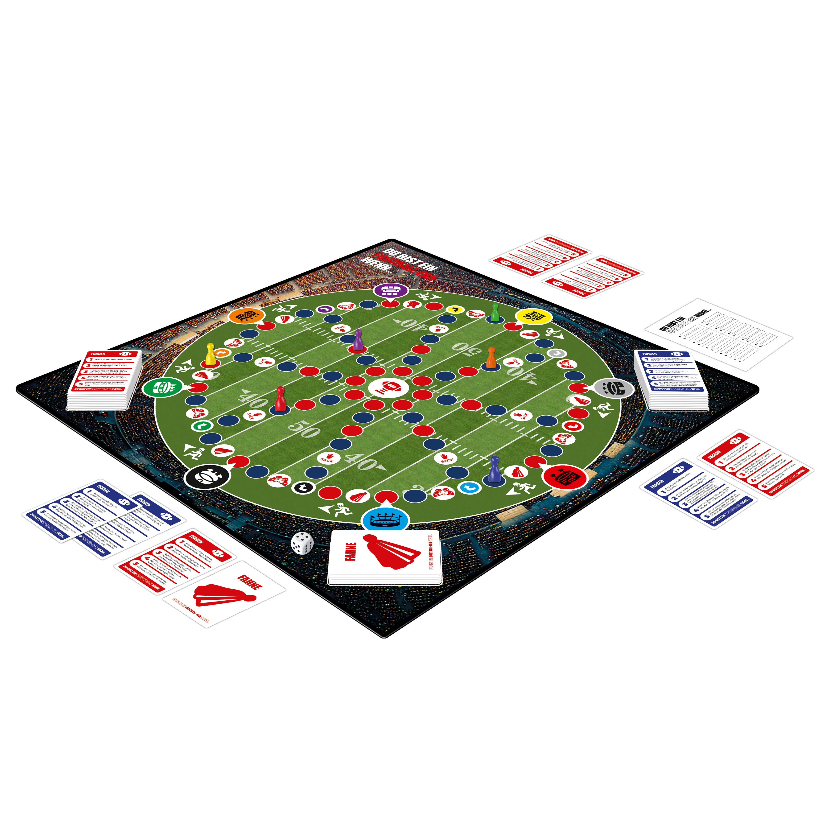 Ein Brettspiel mit einem Footballfeld-Design und Karten, die herumliegen.