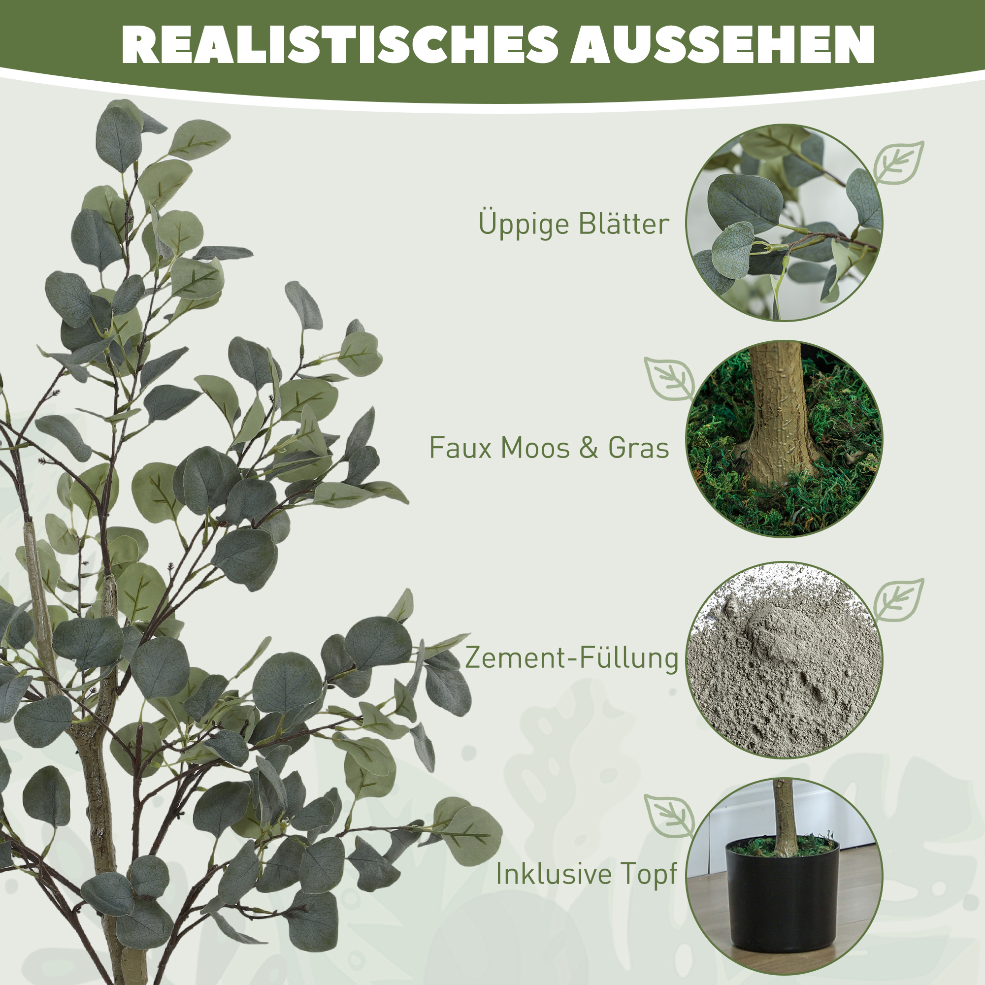 Nahaufnahme eines künstlichen Baumes mit Details seiner Blätter, Moos, Zementfüllung und Topf. Text auf Deutsch vorhanden.
