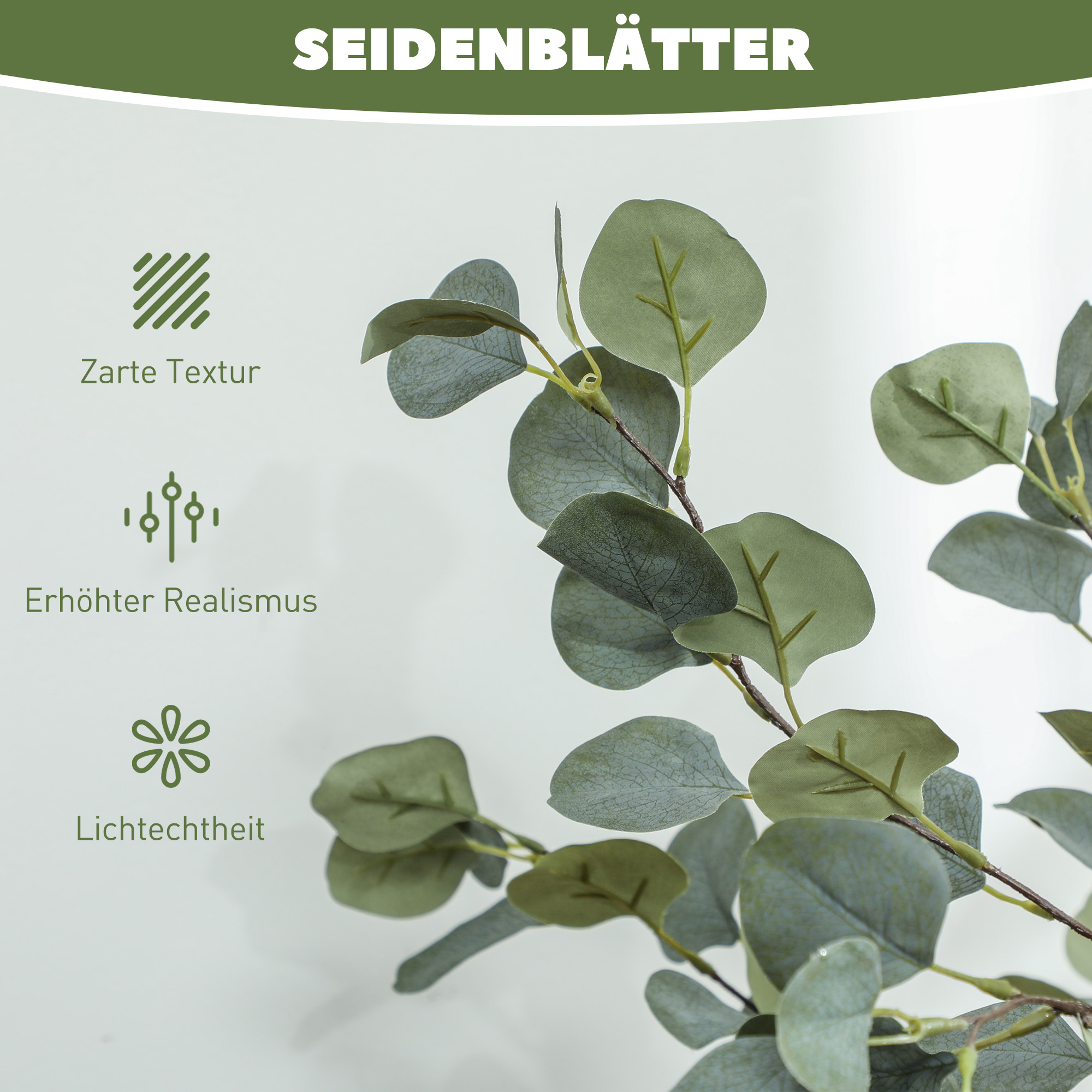 Nahaufnahme von künstlichen Eukalyptusblättern, mit Text auf Deutsch.