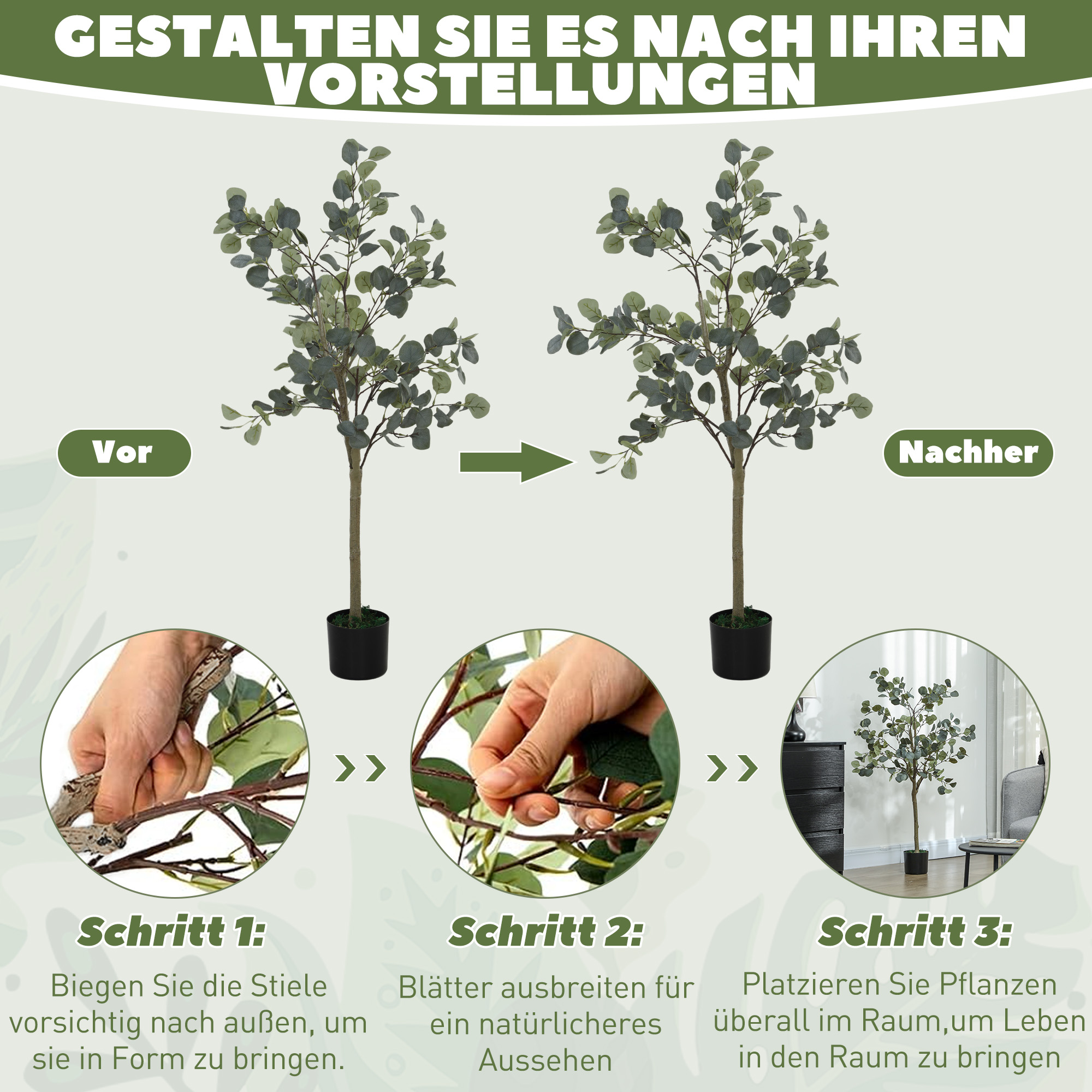 Ein Vorher-Nachher-Bild eines Baumes mit Anweisungen zur Formgebung.