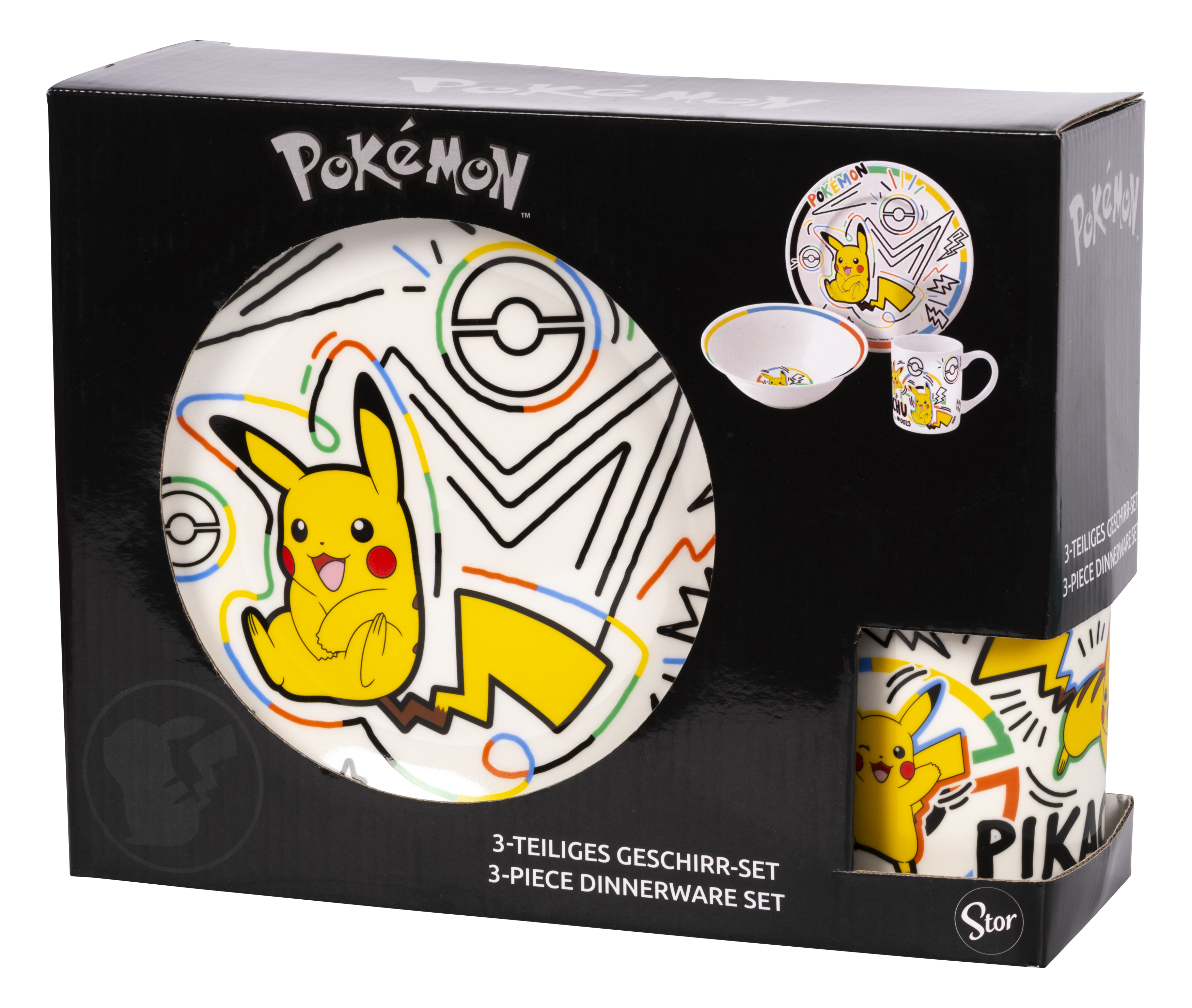 Pokemon-Geschirrset in einer Box. Pikachu auf Tellern und Tasse. Schwarze Box mit Text.