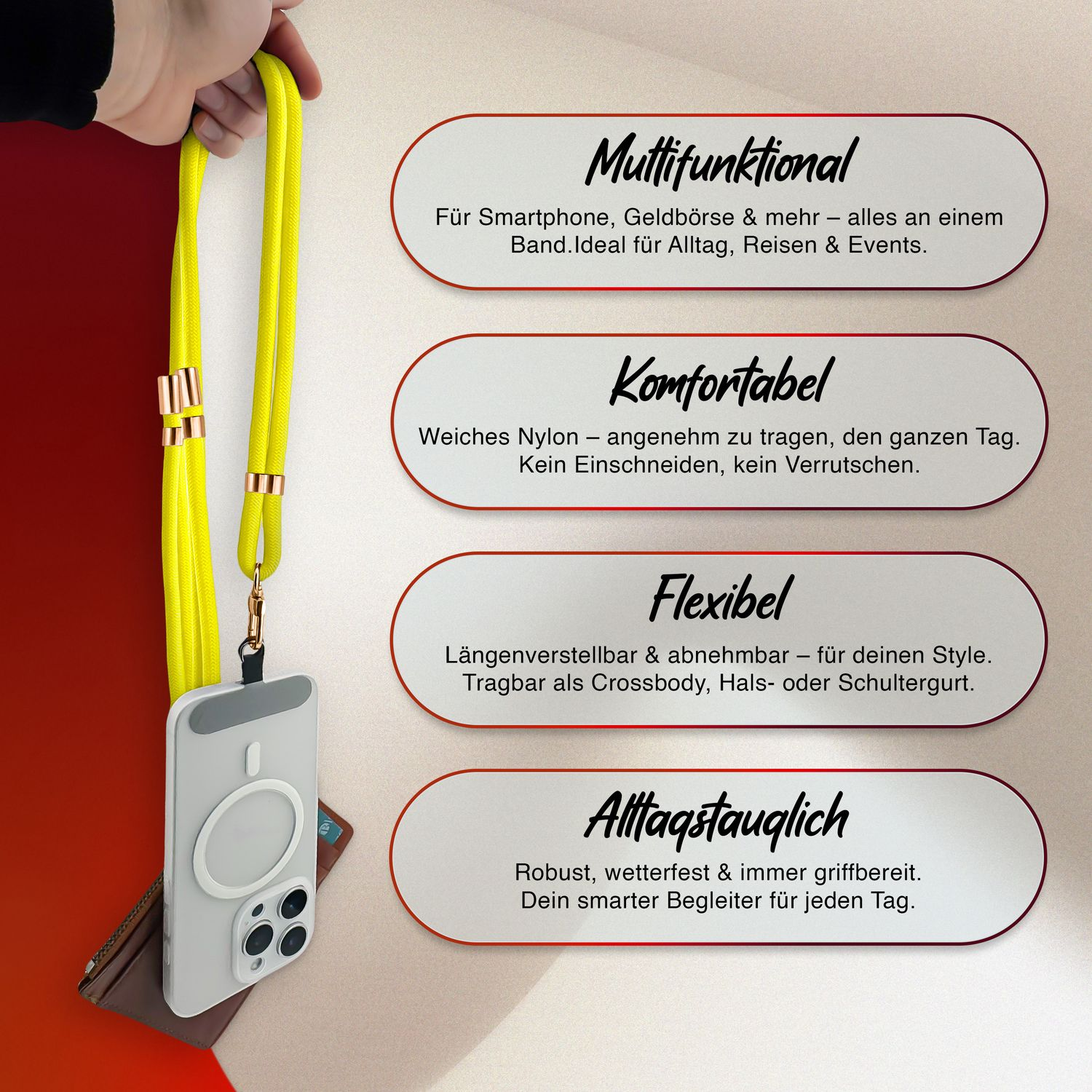 Eine Hand hält ein gelbes Telefon-Lanyard. Das Lanyard ist um ein Telefon mit Hülle. Text auf Deutsch wird auch gezeigt.