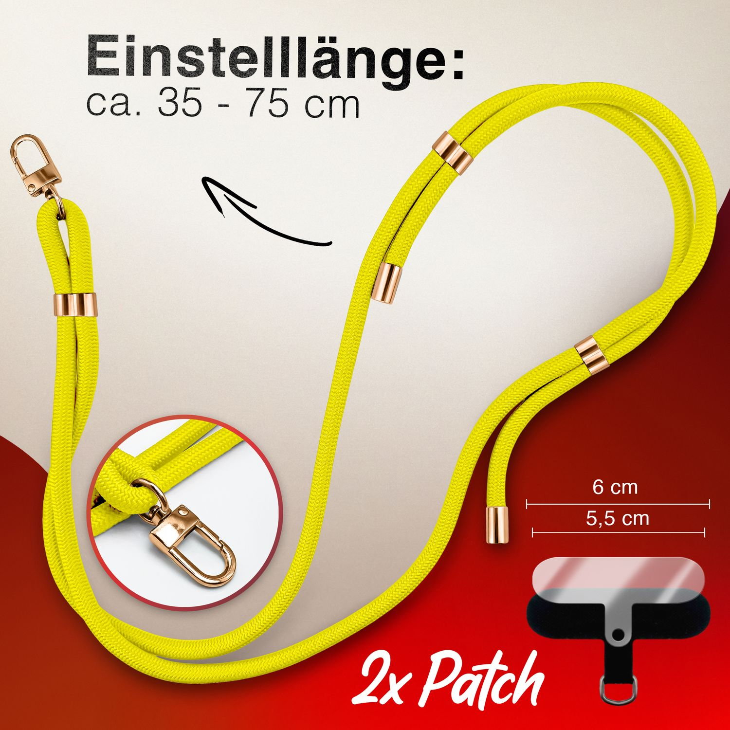 Ein gelbes Telefon-Lanyard mit goldenem Verschluss und Maßen. 2 Patches sind unten.