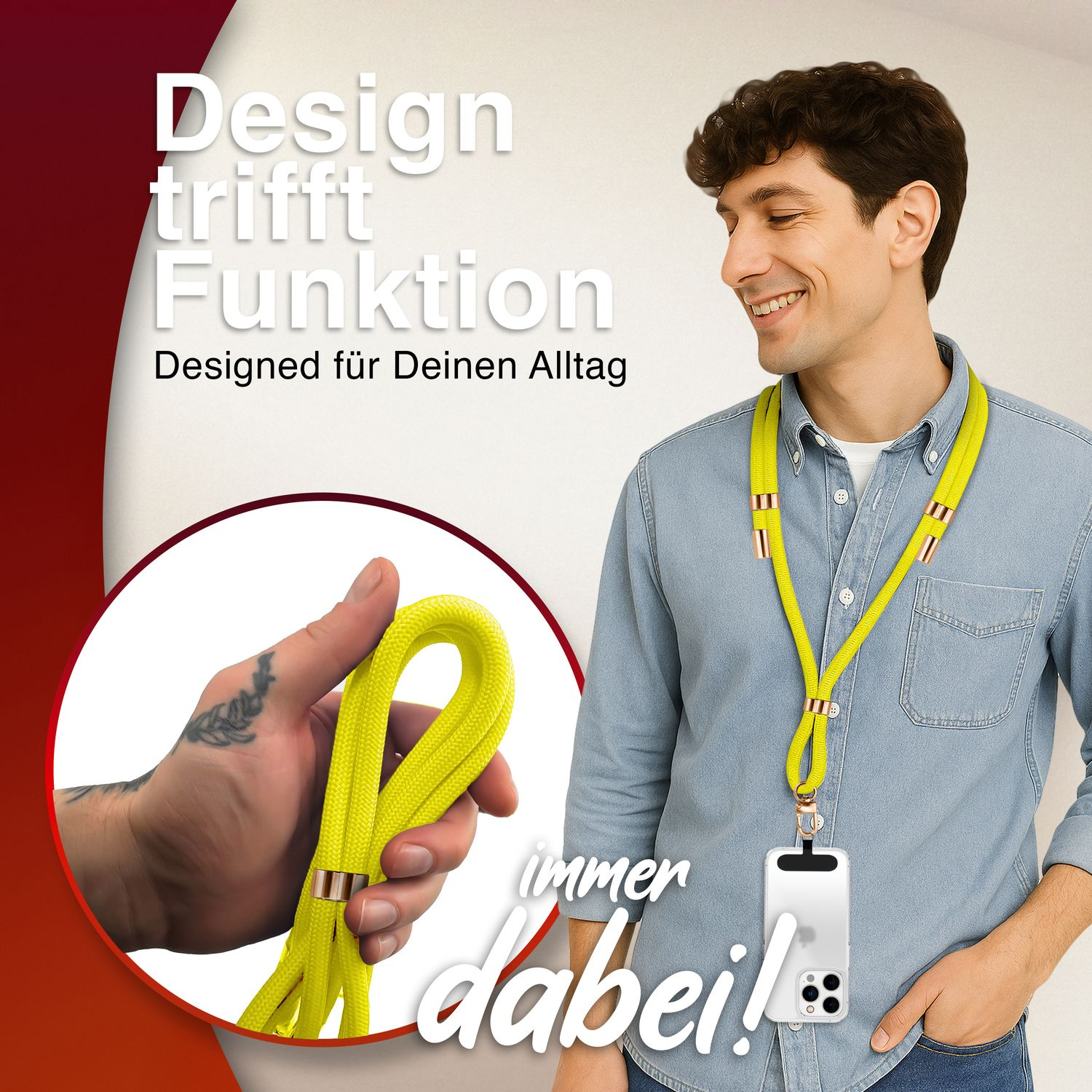 Mann mit gelbem Telefonband, neben deutschem Text über Design und Alltag.
