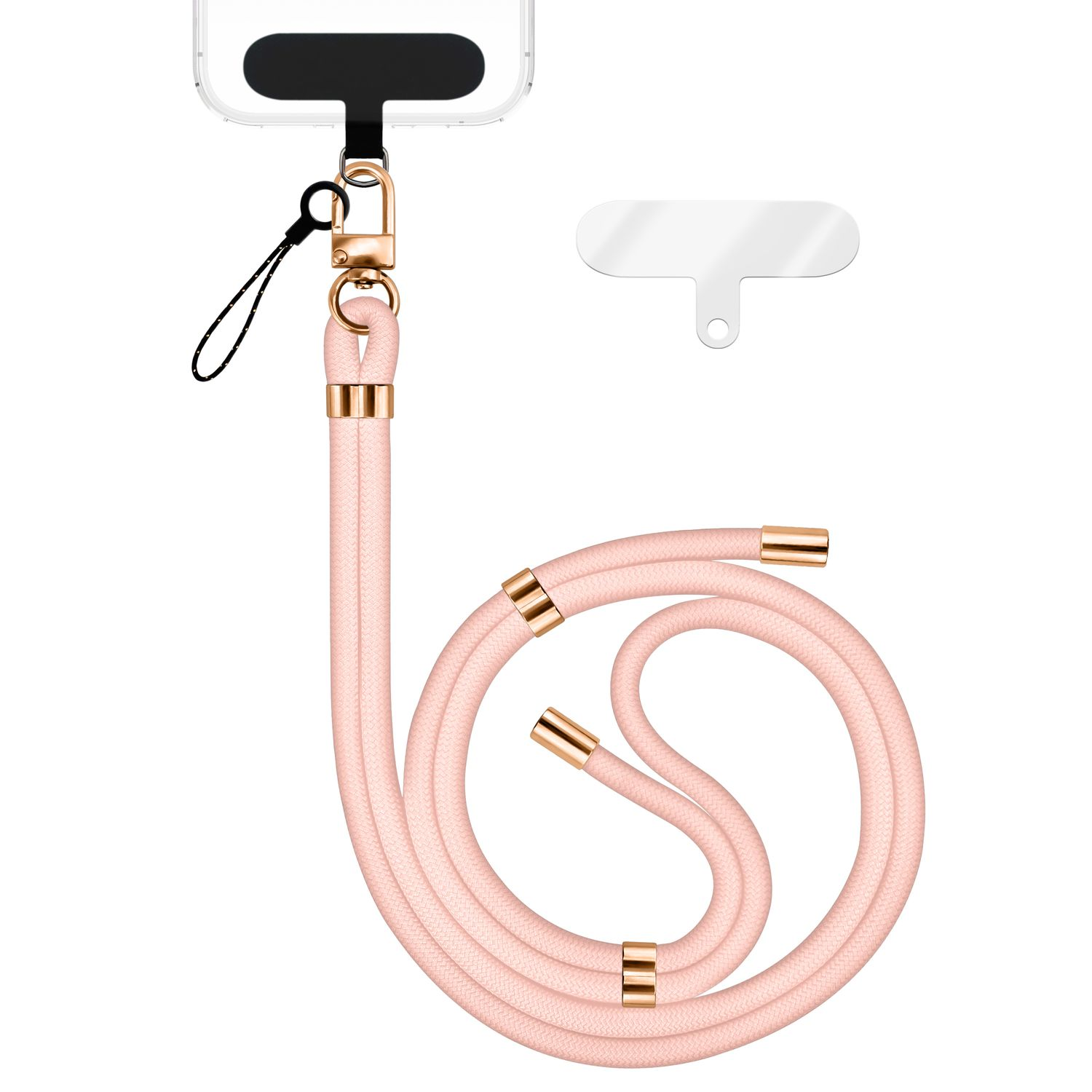 Ein rosa Telefonband mit roségoldenen Akzenten, befestigt an einem Telefon und einem Metallhaken.