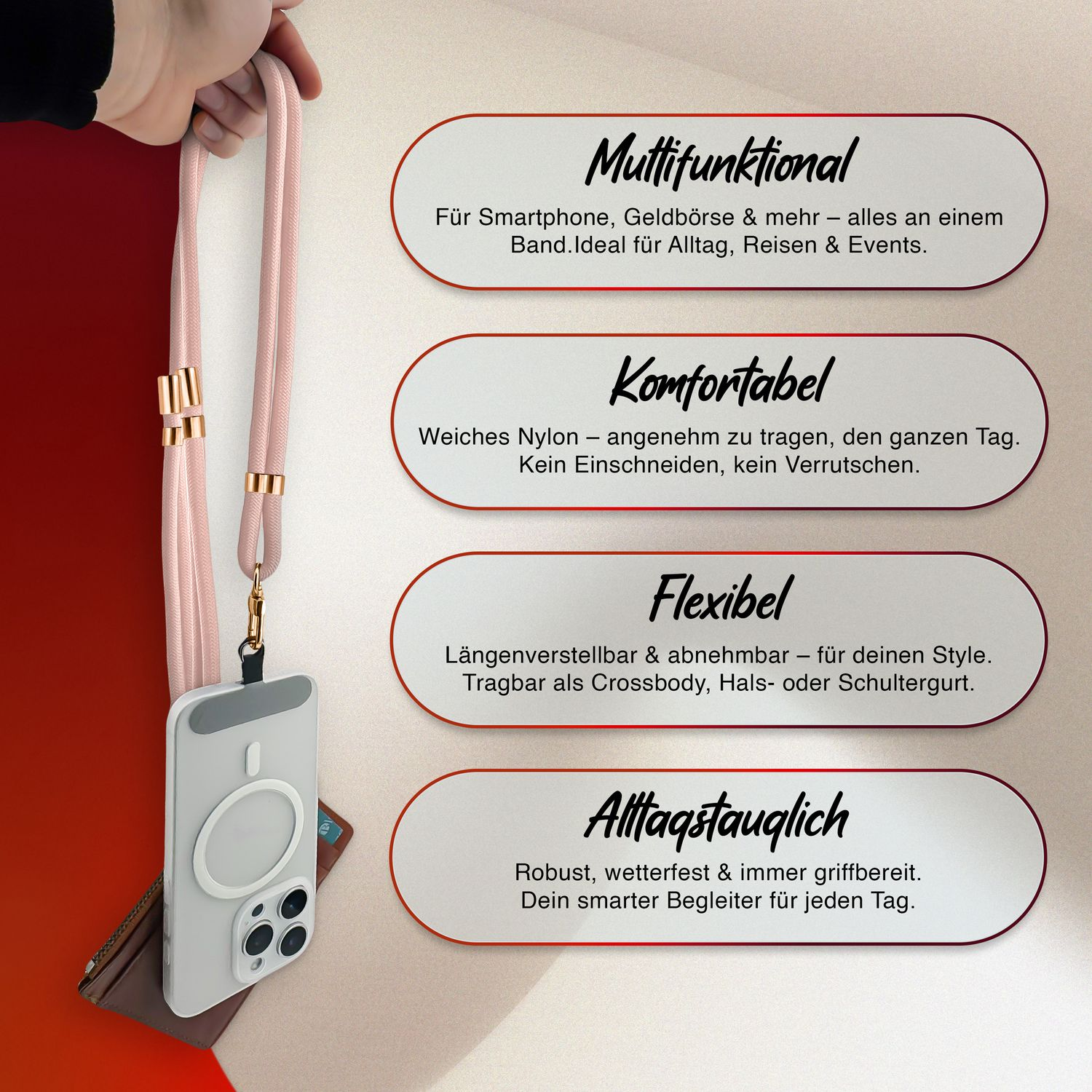 Person hält rosa Telefonband mit roségoldenen Akzenten, mit Text über die Eigenschaften.