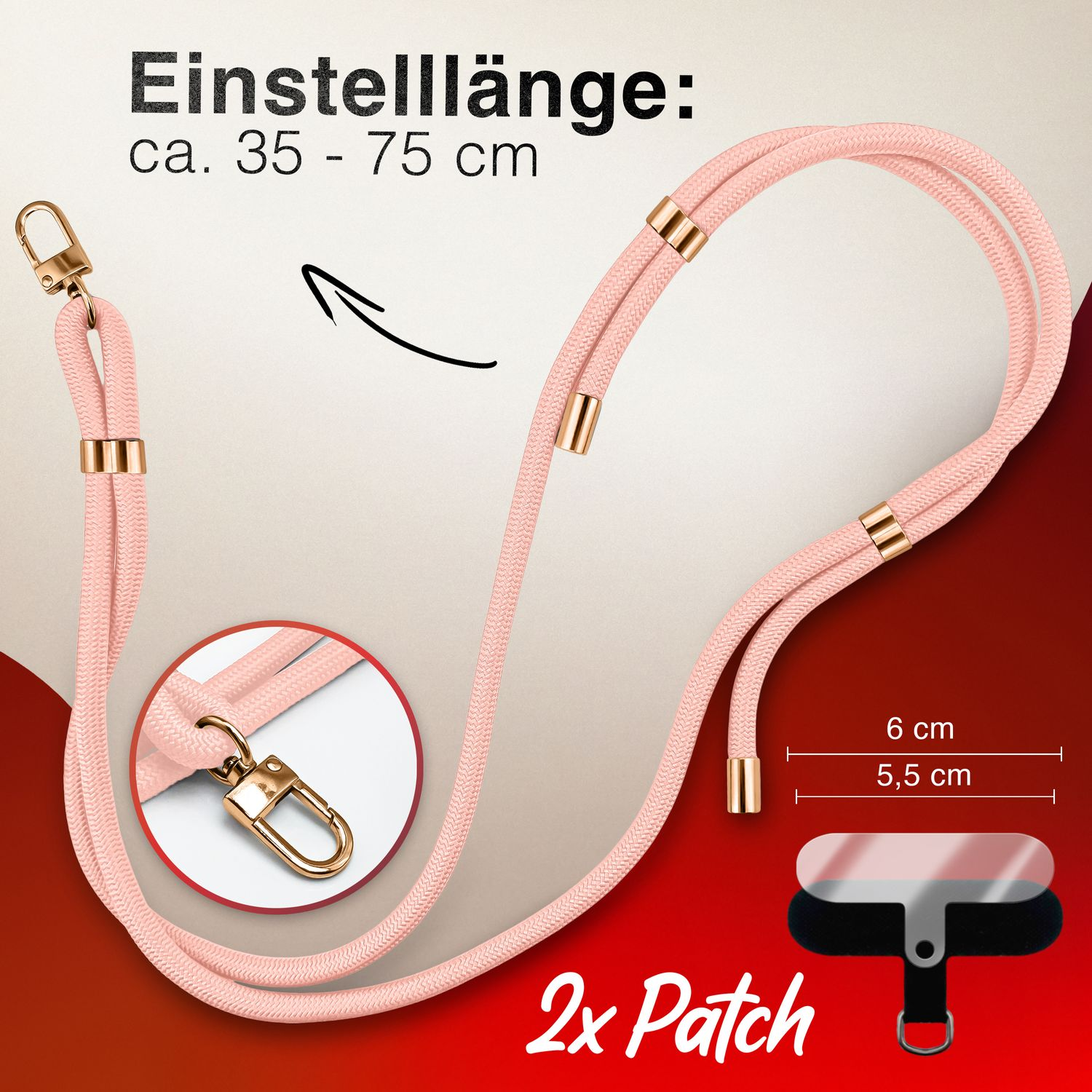 Rosa Telefonband mit Goldakzenten und Maßen, mit Haken und Patch.