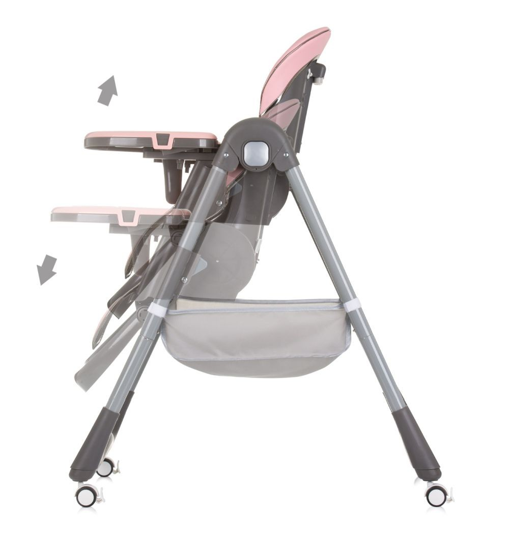Silla alta para bebé plegándose. Flechas muestran las partes de la silla moviéndose al plegarse. Fondo blanco.