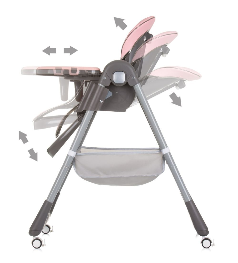 Silla alta para bebé, ajustes en curso. Flechas muestran el ajuste de la bandeja y el asiento. Fondo blanco.
