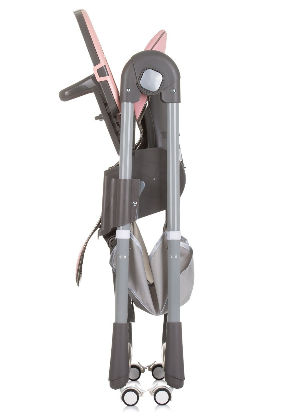 Silla alta para bebé plegada. La silla está plegada para guardarla. Colores rosa y gris.