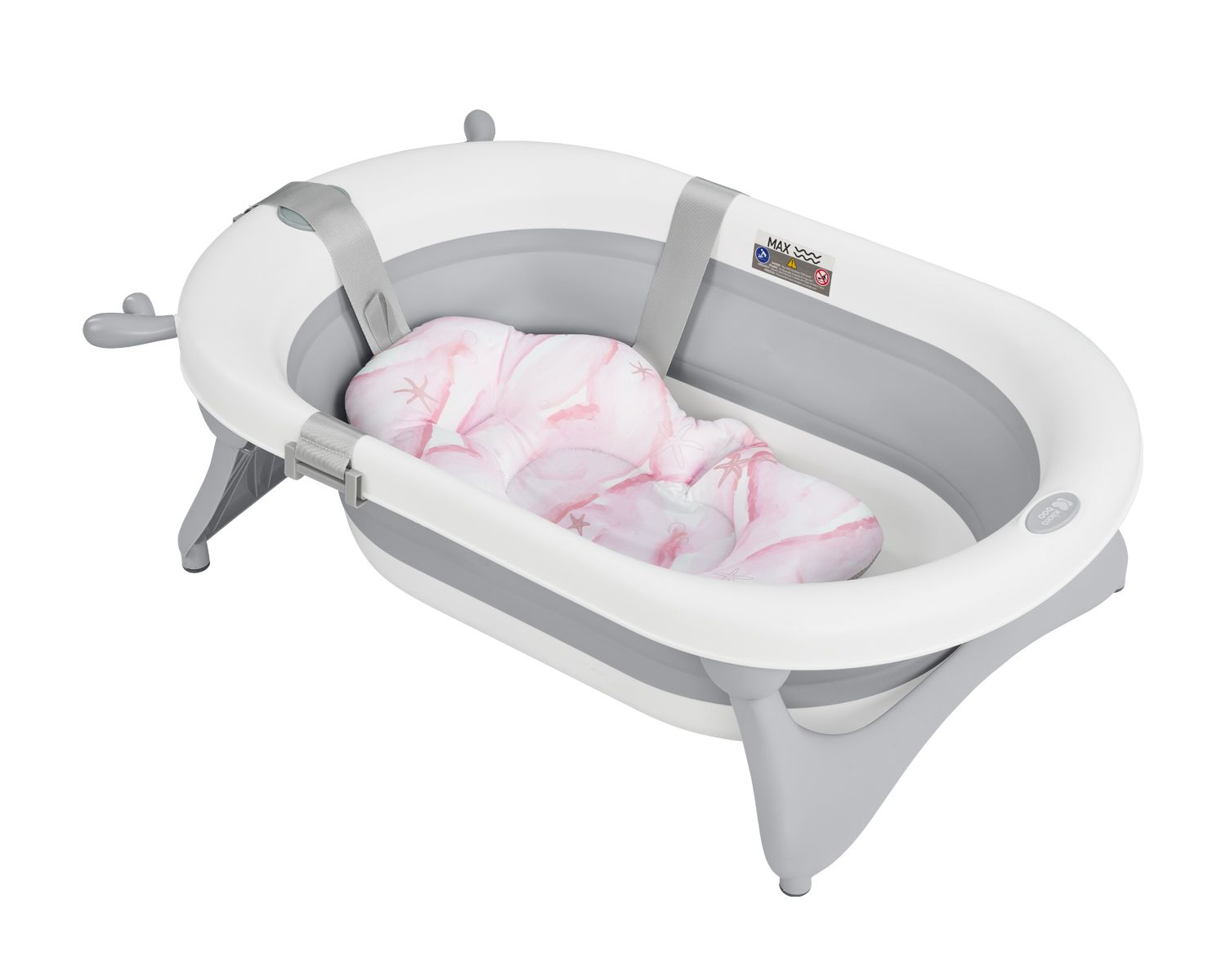 Eine faltbare Babybadewanne, weiß und grau, mit einer rosa-weiß gemusterten Stütze.