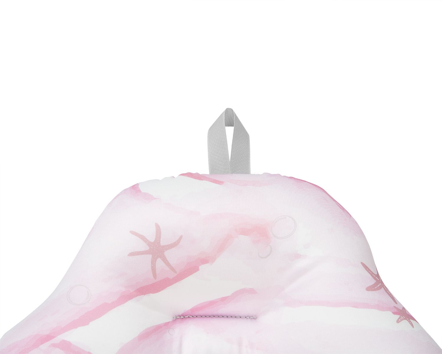 Nahaufnahme eines Babybadewannenkissens. Rosa und weiß mit Sternmuster und Aufhängeschlaufe.