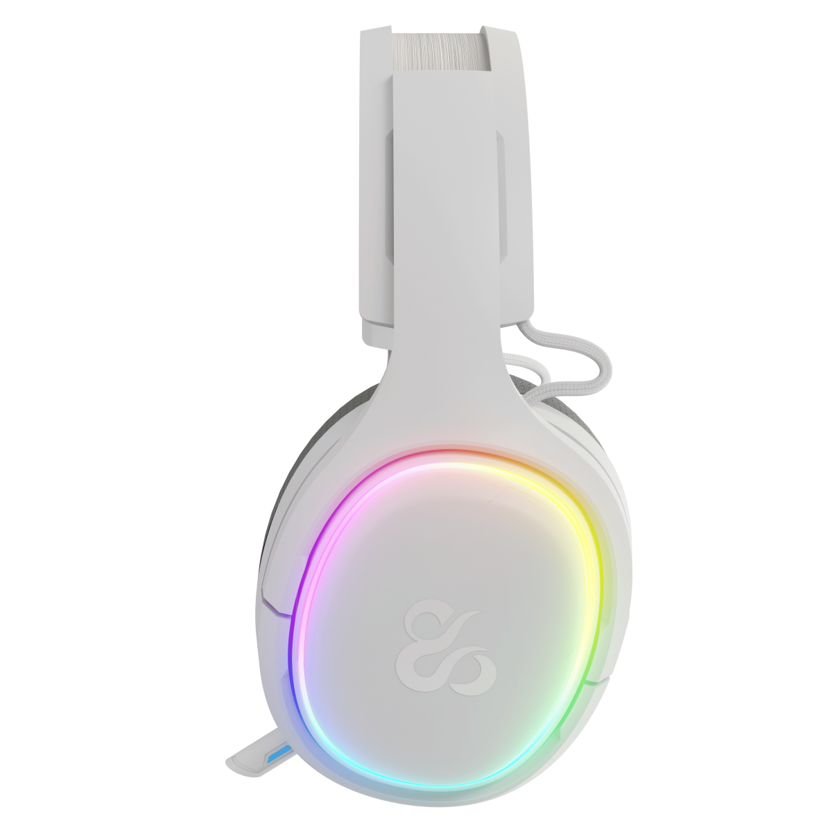 Białe słuchawki z kolorowym światłem z boku, czarne tło.