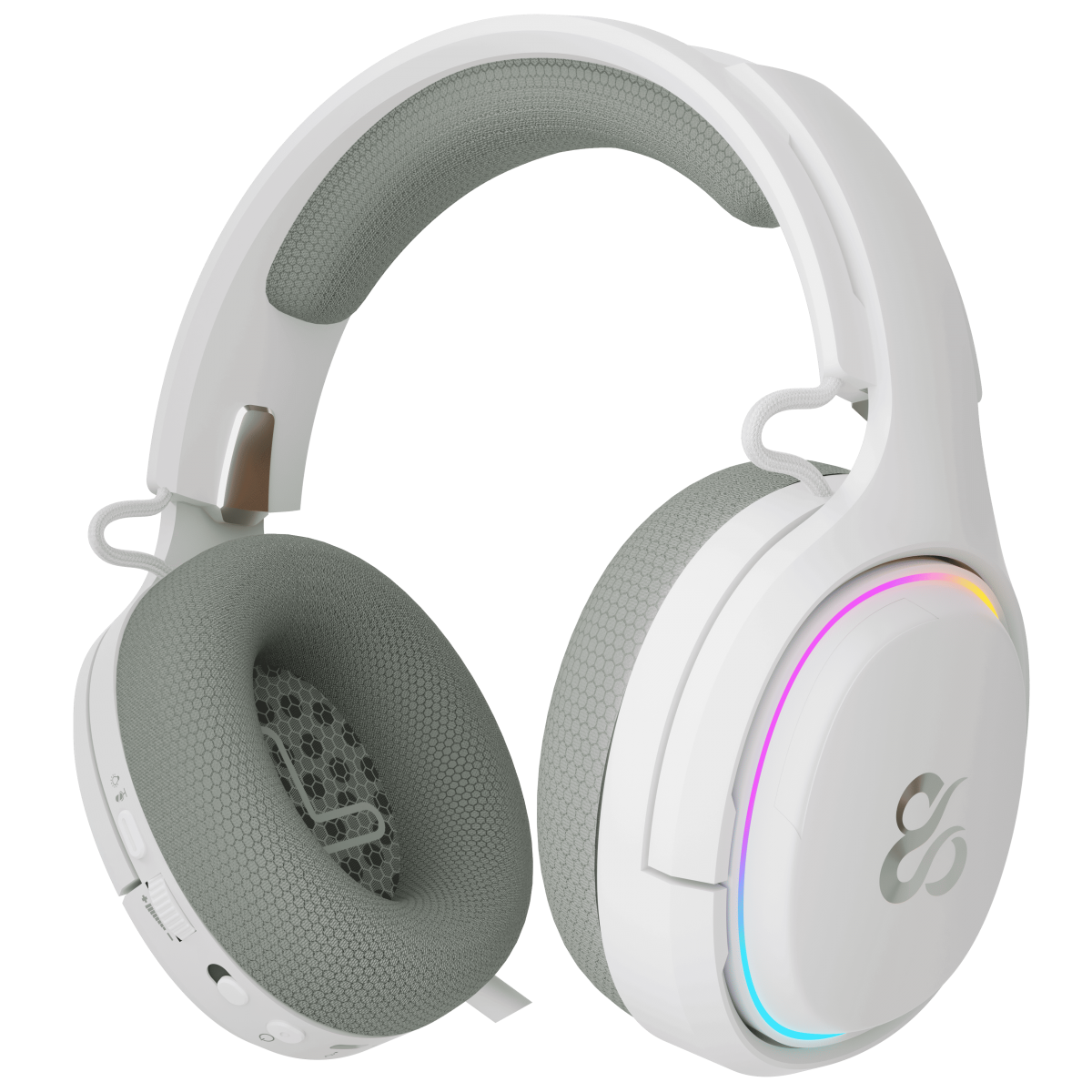 Białe słuchawki z szarymi nausznikami i kolorowym światłem, czarne tło.