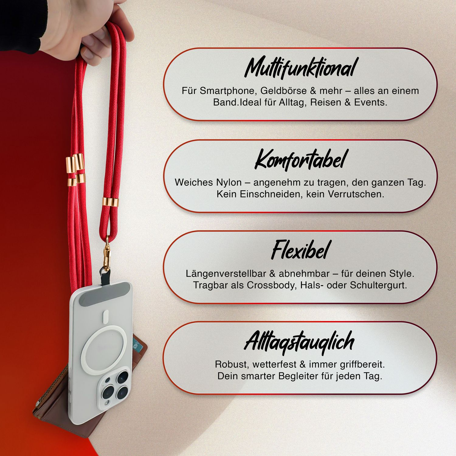 Mann hält roten Telefonriemen mit Telefon, Text auf Deutsch.