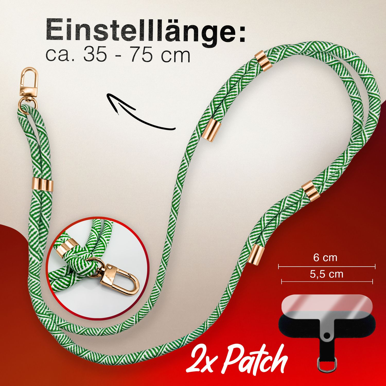 Grünes und weißes Telefon-Lanyard mit goldenen Akzenten und einer Handyhülle. Nahaufnahme von Lanyard und Patch.