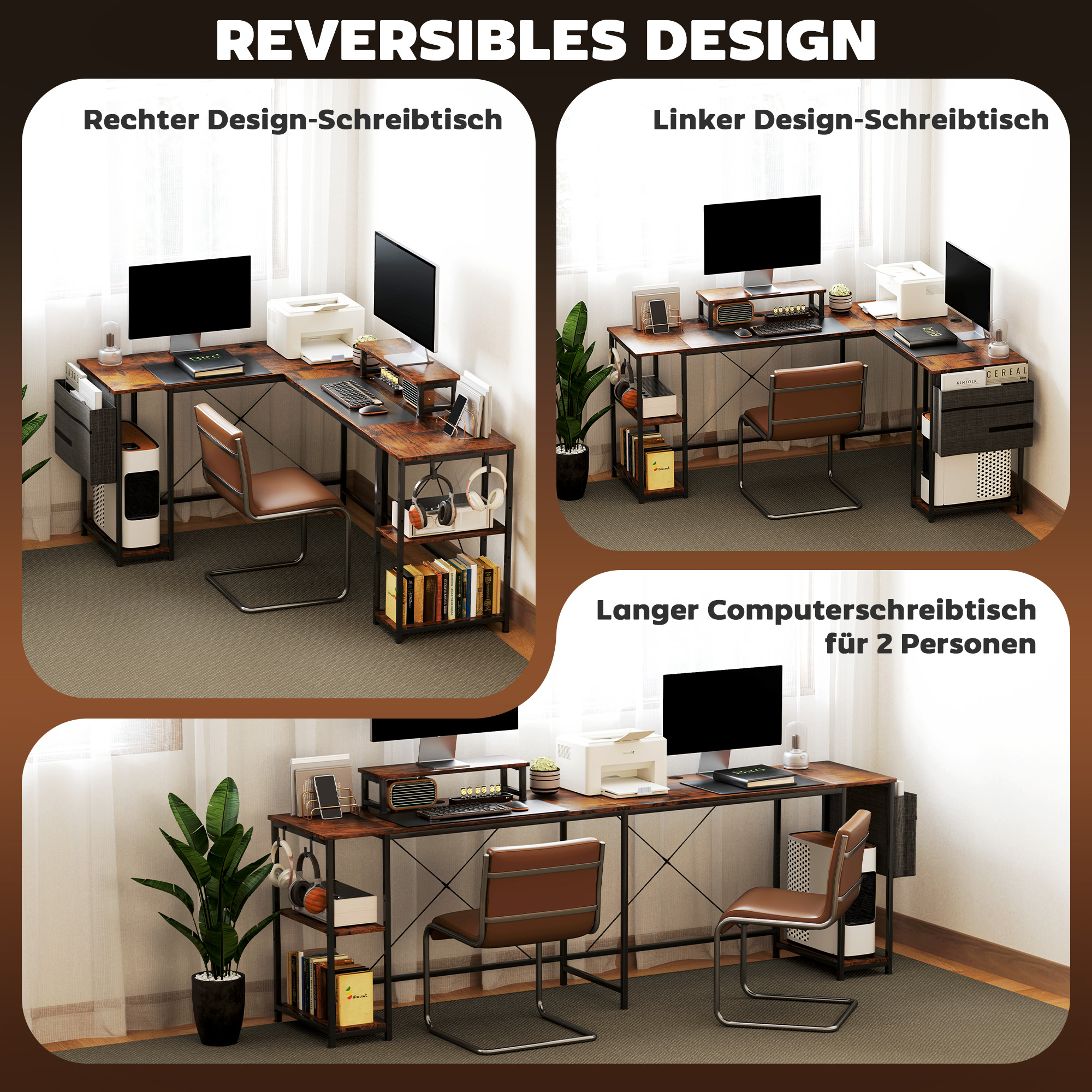 Grafik mit verschiedenen Schreibtischkonfigurationen. Enthält deutschen Text über reversible Schreibtischdesigns.