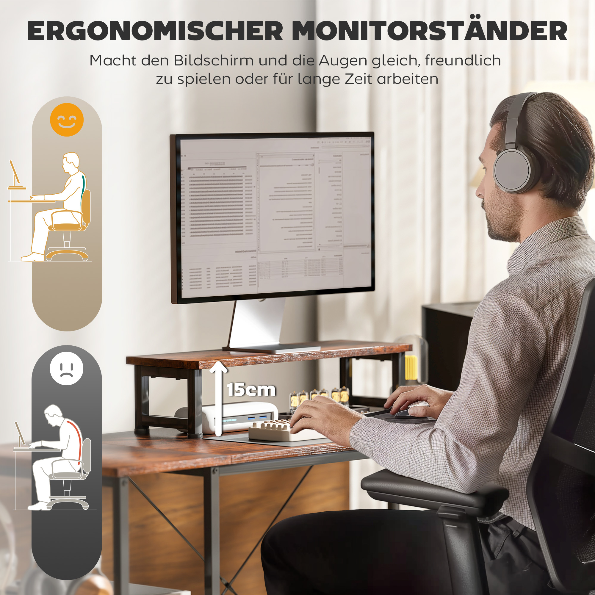 Ein Bild, das eine Person zeigt, die einen Monitorständer benutzt. Enthält ein Diagramm, das gute und schlechte Haltung zeigt.