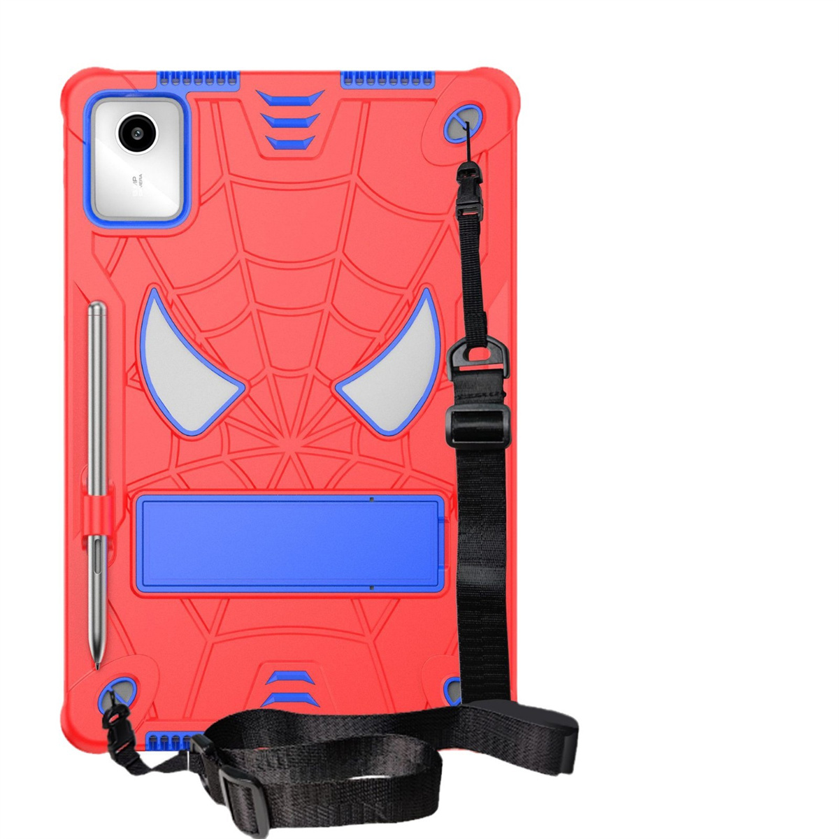 Rote Tablethülle mit Spider-Man-Design. Ein Stift und ein Riemen sind befestigt. Die Hülle hat eine Standfunktion.
